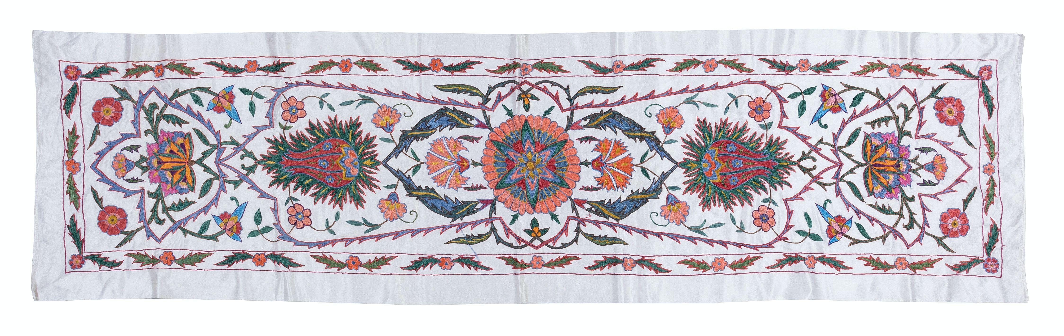 1.8x6.5 ft 100% Silk Table Runner, Hand Embroidered Wall Hanging, Uzbek Tapestry In New Condition For Sale In Philadelphia, PA