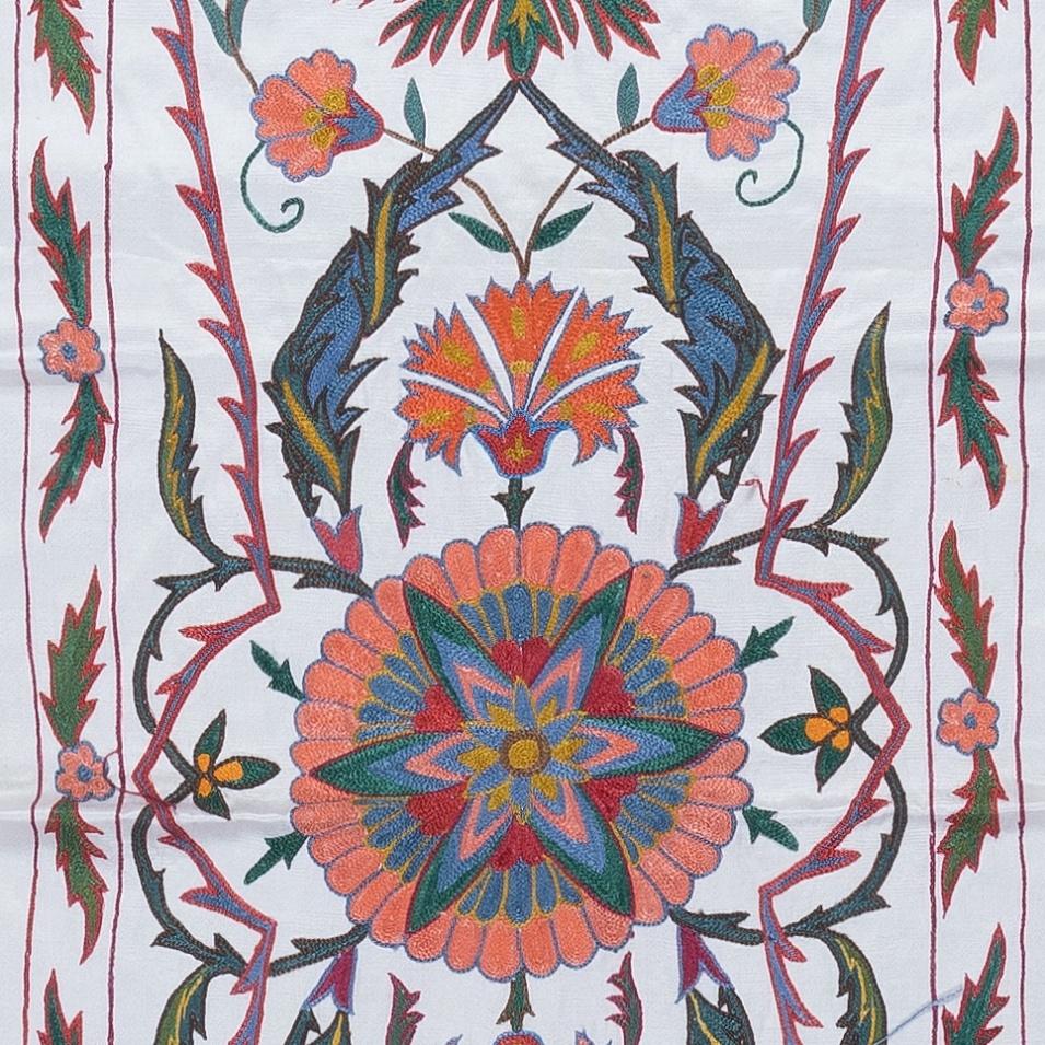 Contemporary 1.8x6.5 ft 100% Silk Table Runner, Hand Embroidered Wall Hanging, Uzbek Tapestry For Sale