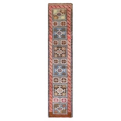 1'8"x8' Colorful Vintage Turkish Block Design Runner Hand Knotted Wool Rug