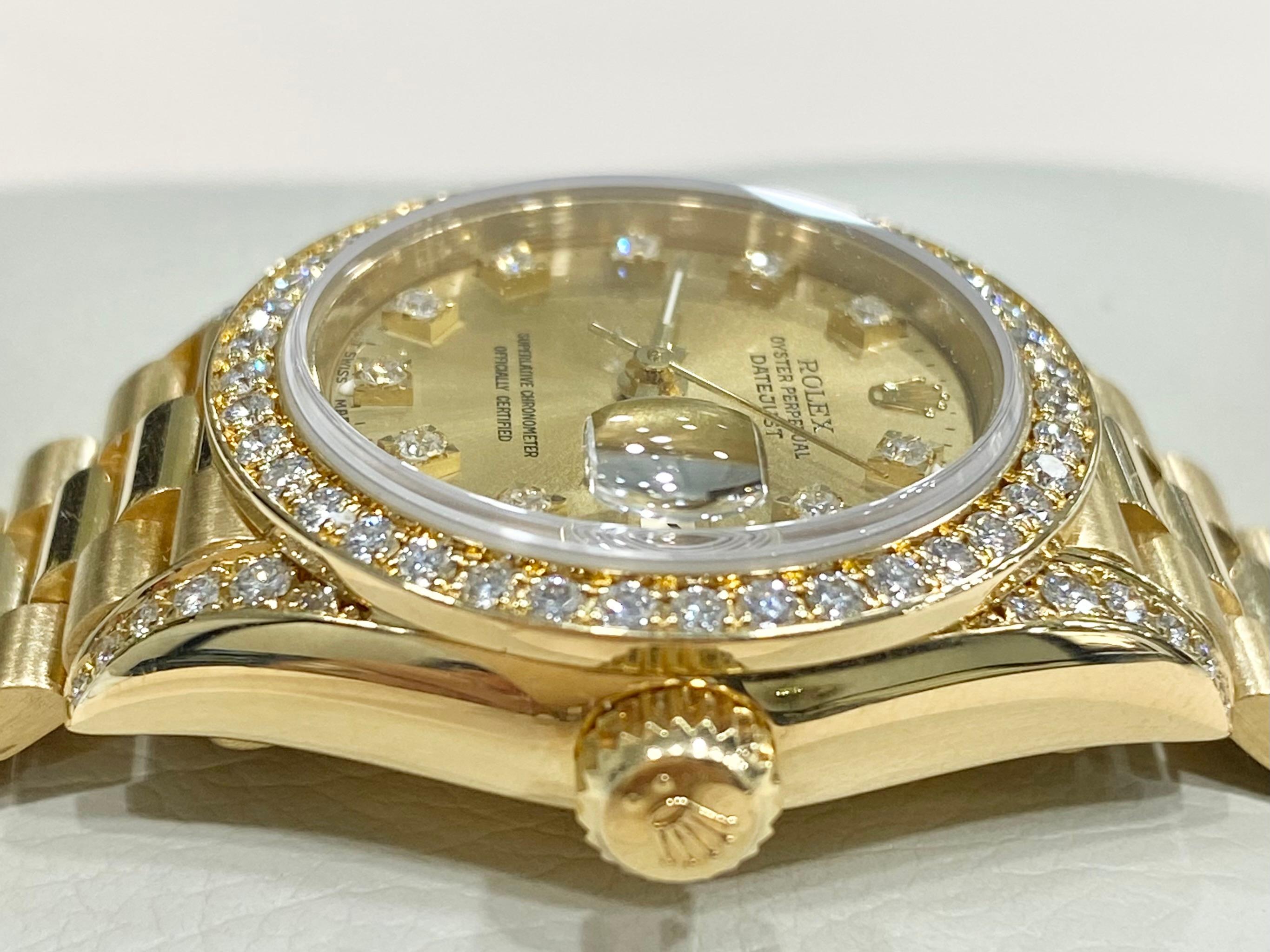 The Rolex 69158 Ladies Watch is a harmonious blend of sophistication and functionality. Its 26mm case, crafted from luxurious 18k yellow gold, exudes opulence. The diamond-set bezel adds a dazzling touch, while the champagne dial, adorned with