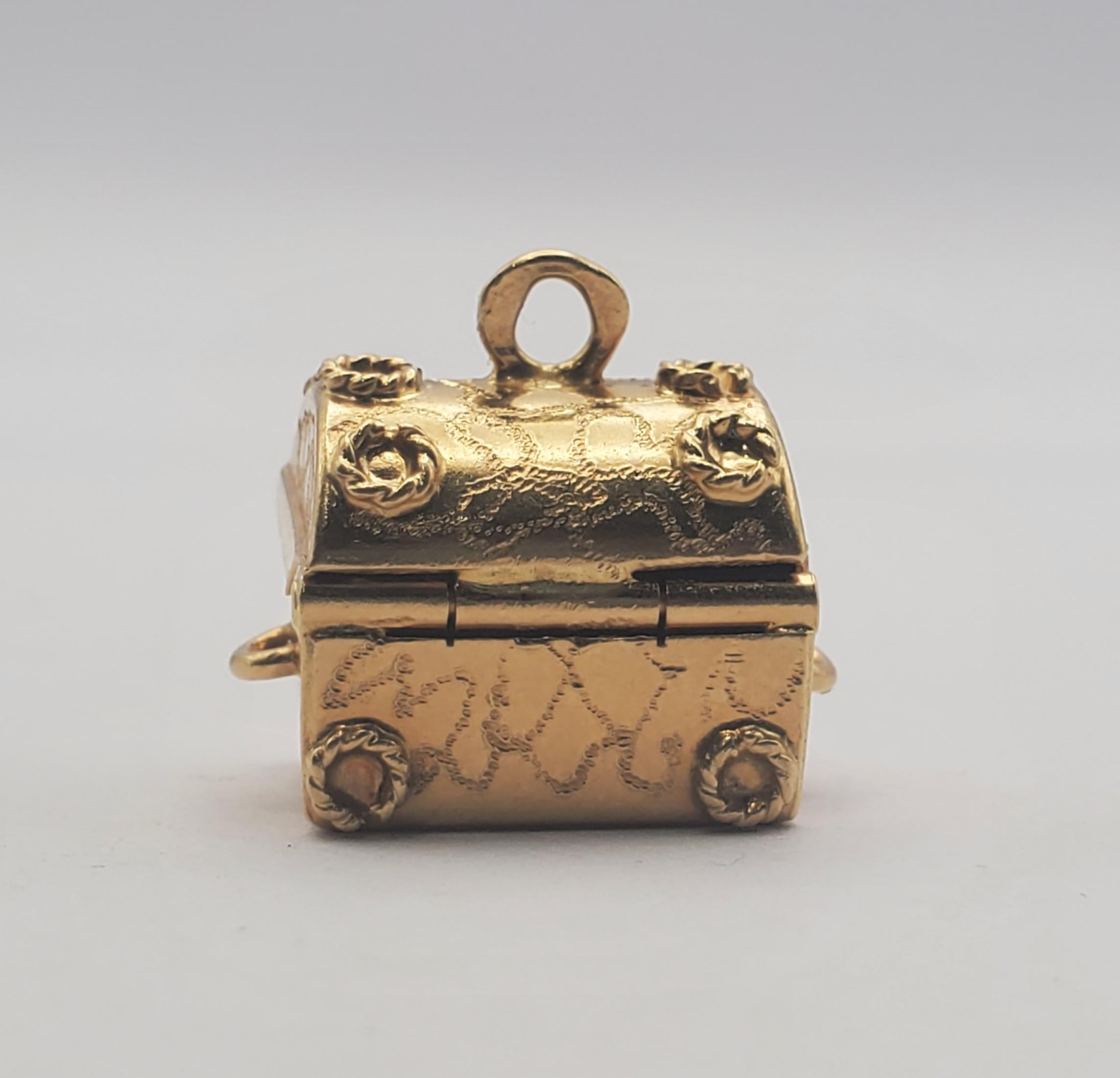 Round Cut 18Y Ornate Treasure Chest Charm/Pendant with Hidden Pearl Treasure For Sale