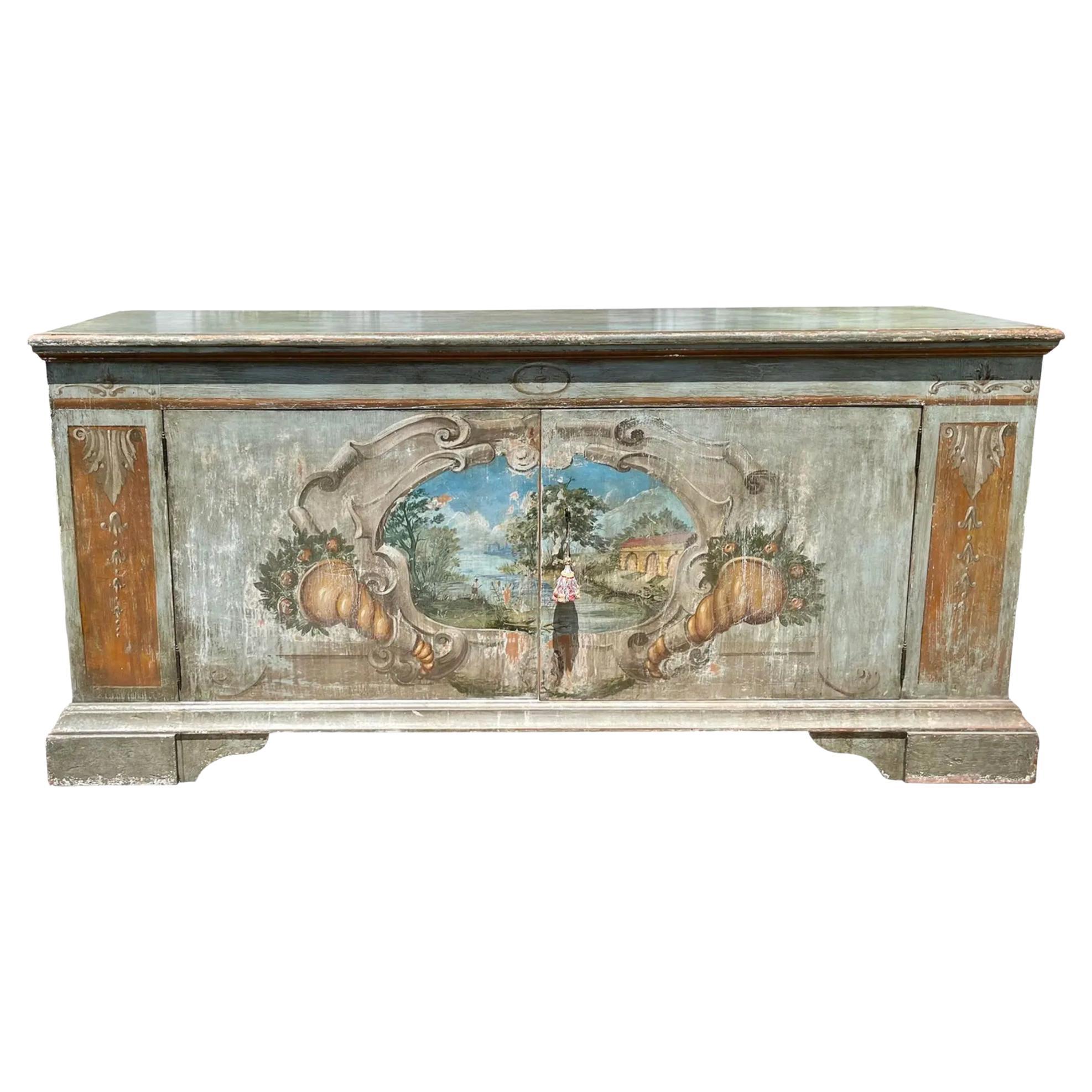 18yh C Style Italian Venetian Paint Decorated Buffet Sideboard Credenza For Sale