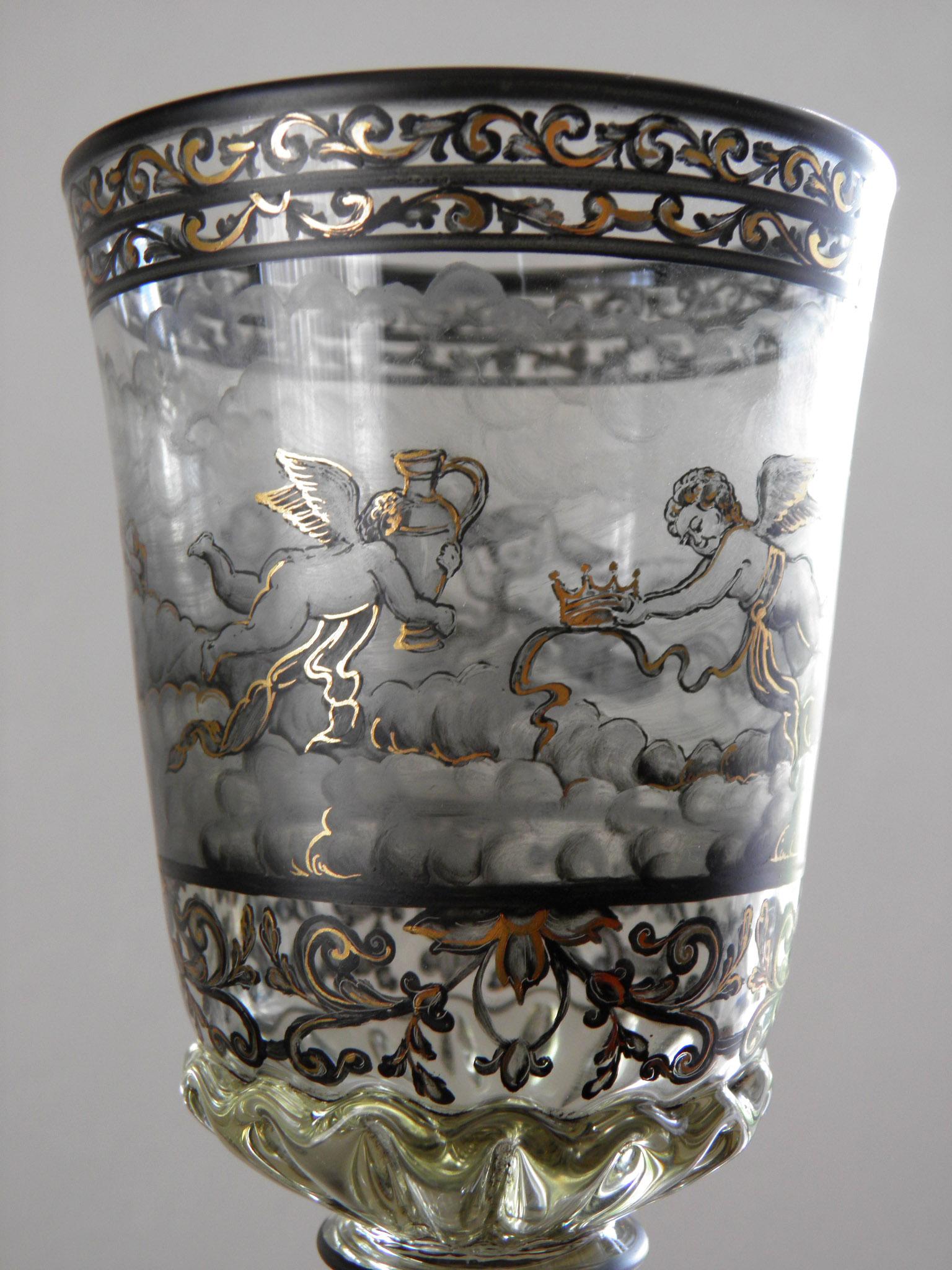 Antique Double Goblet from 19th-20th century. Friendly or wedding goblet. 
Hand painted in Schwarzlot style. Mythological motive with Bacchus.