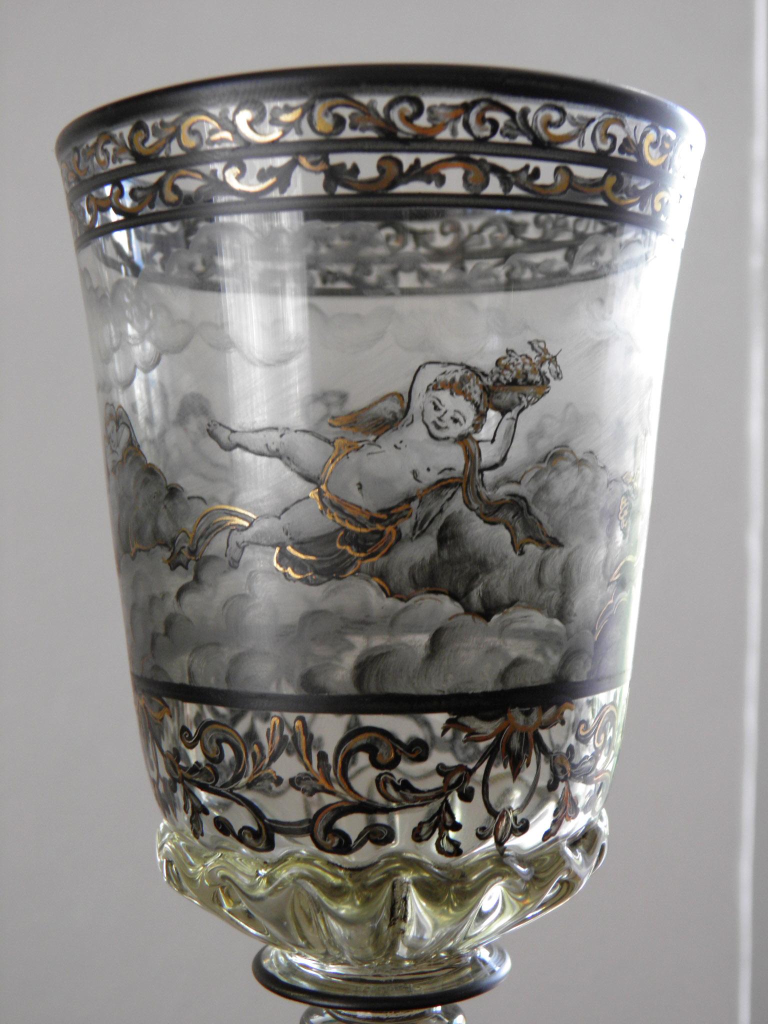 European 19th-20th Century Antique Double Goblet Schwarzlot Style
