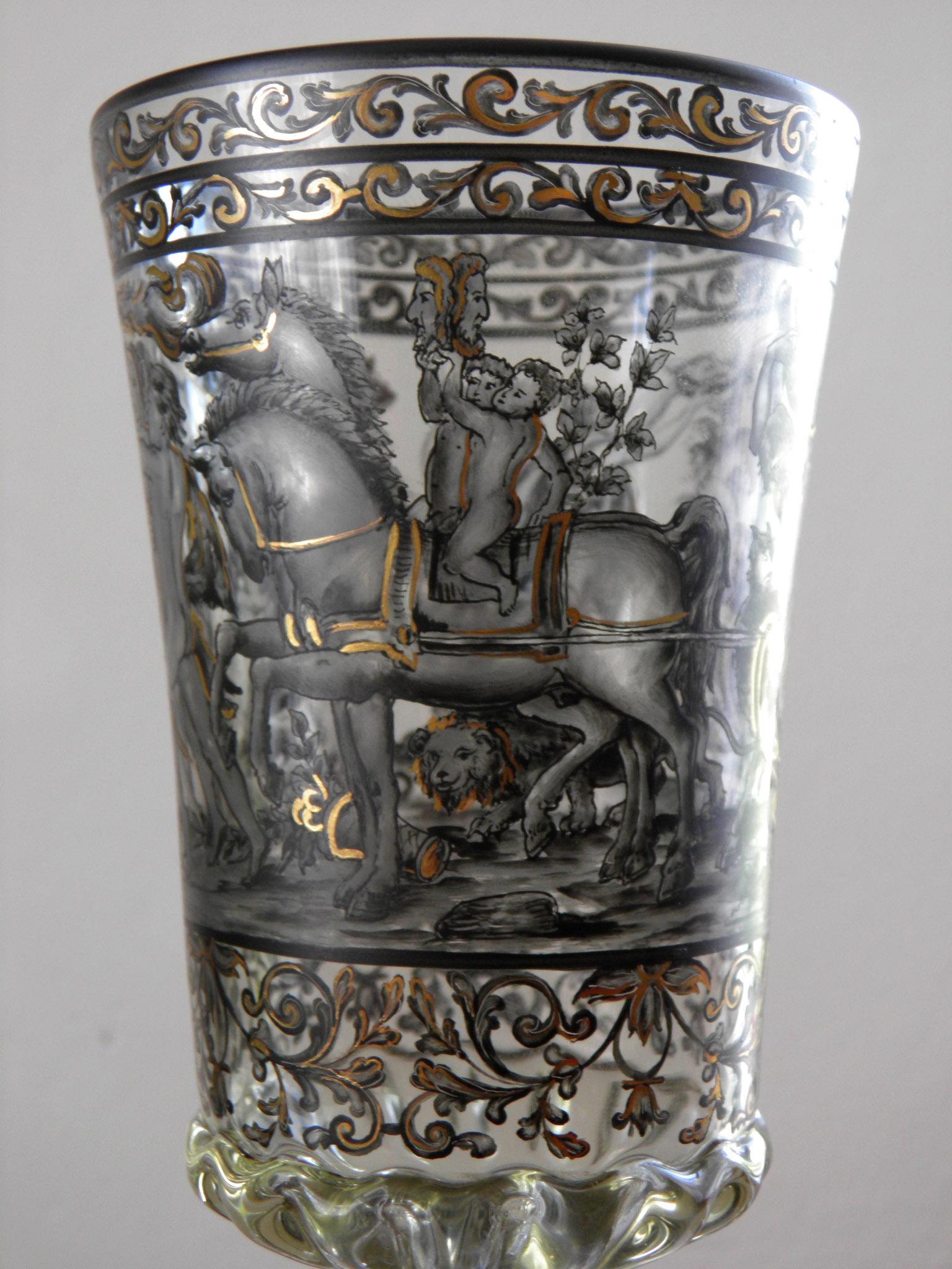 19th-20th Century Antique Double Goblet Schwarzlot Style 1