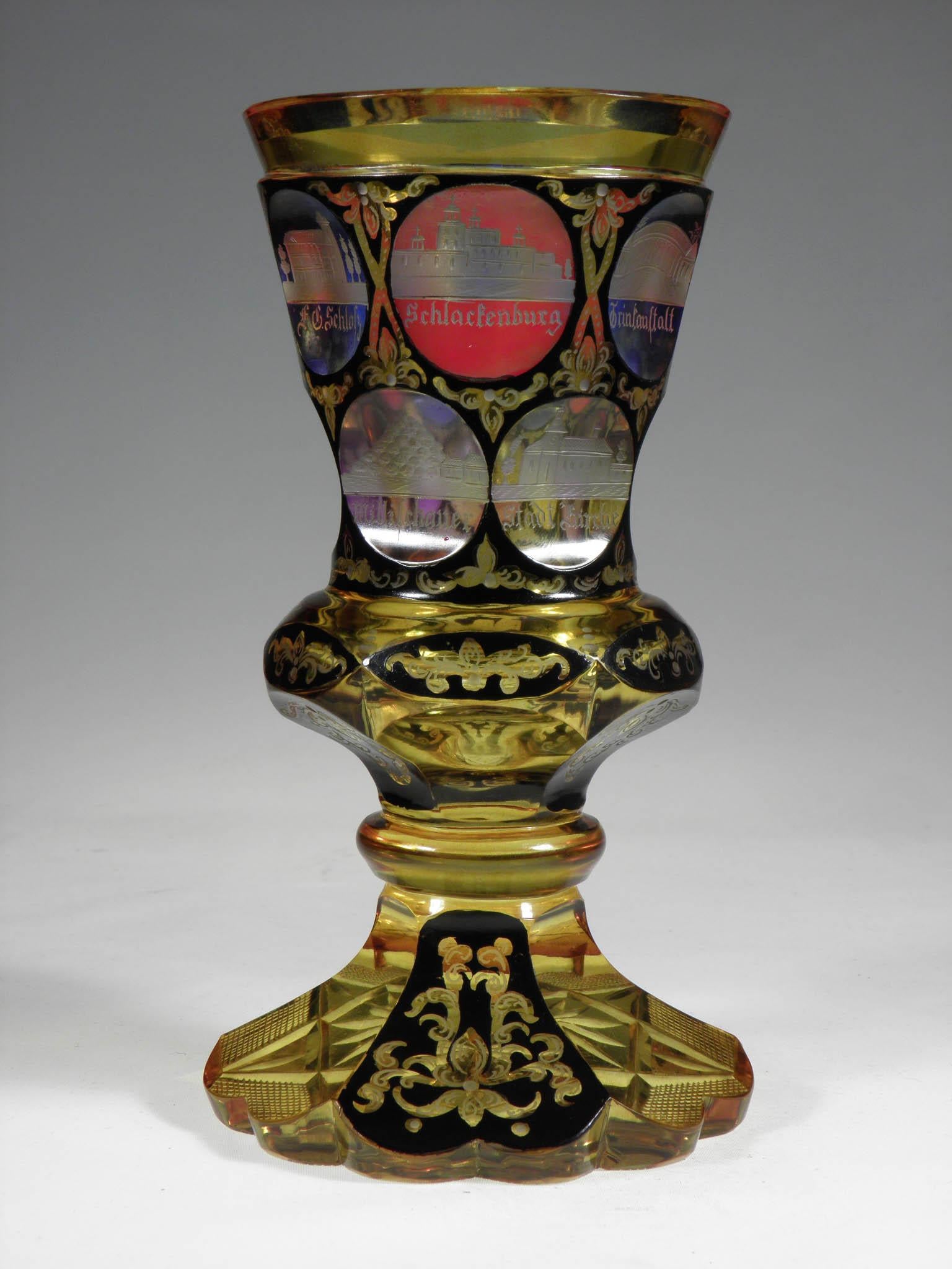 Bohemian antique Goblet with Teplitz motive from circa 19th-20th century.
Hand engraved and hand painted.