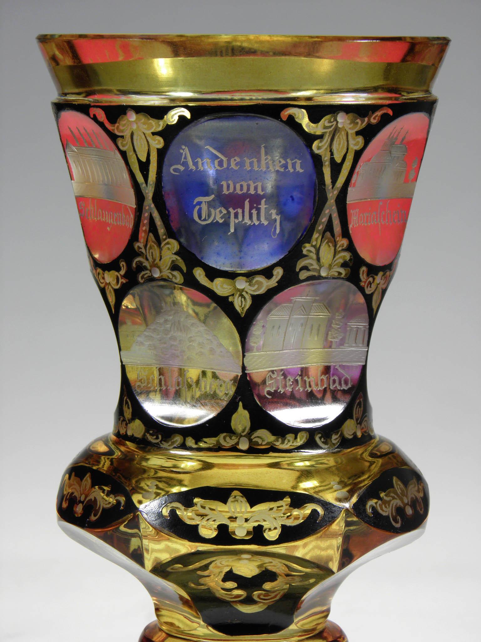 Glass Bohemian European Engraved Goblet Teplitz Motive 19th-20th Century