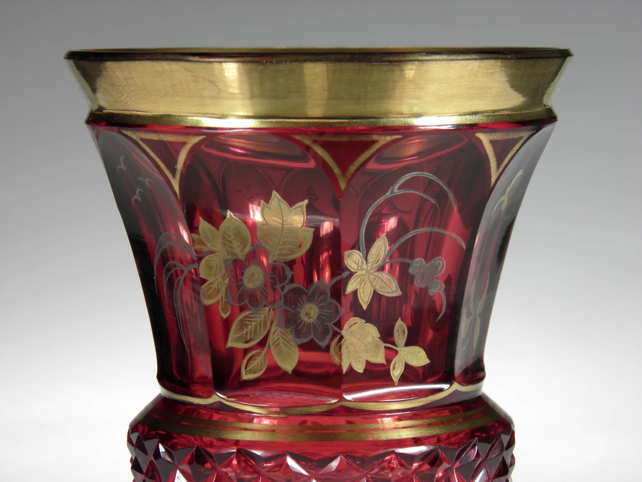 Czech Bohemian Ruby Glass Goblet Gold Paint Chinoiserie Motive 19th-20th Century 