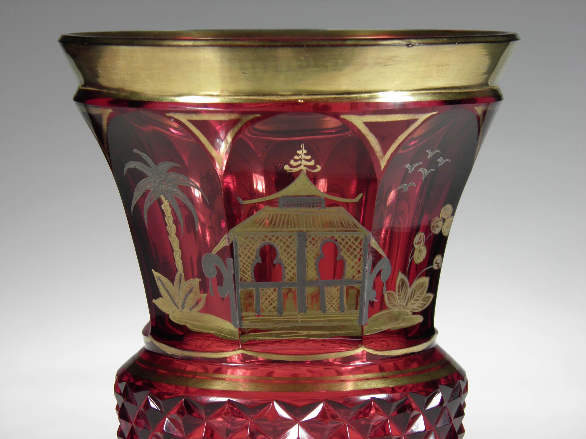 Hand-Painted Bohemian Ruby Glass Goblet Gold Paint Chinoiserie Motive 19th-20th Century 