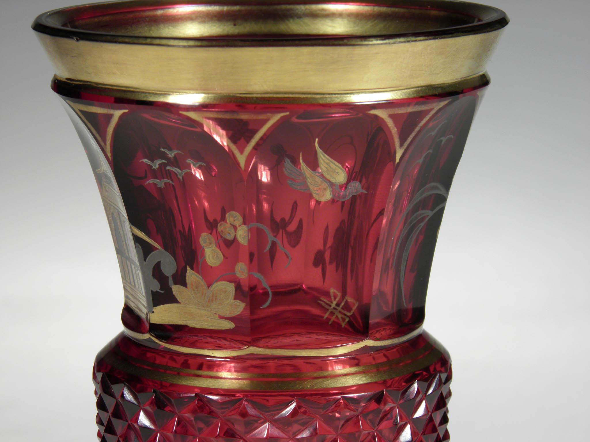 Bohemian Ruby Glass Goblet Gold Paint Chinoiserie Motive 19th-20th Century  In Good Condition In Nový Bor, CZ