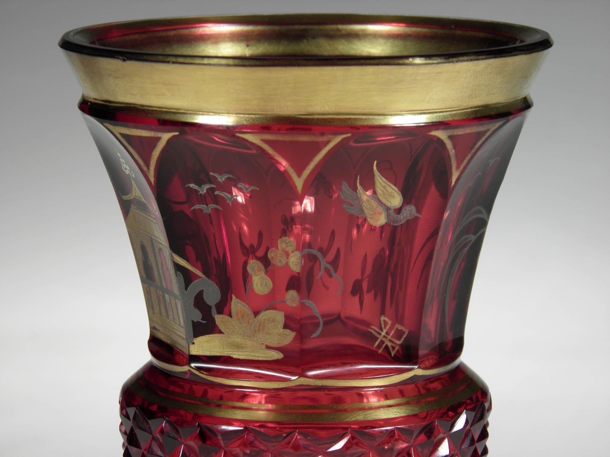 19th Century Bohemian Ruby Glass Goblet Gold Paint Chinoiserie Motive 19th-20th Century 
