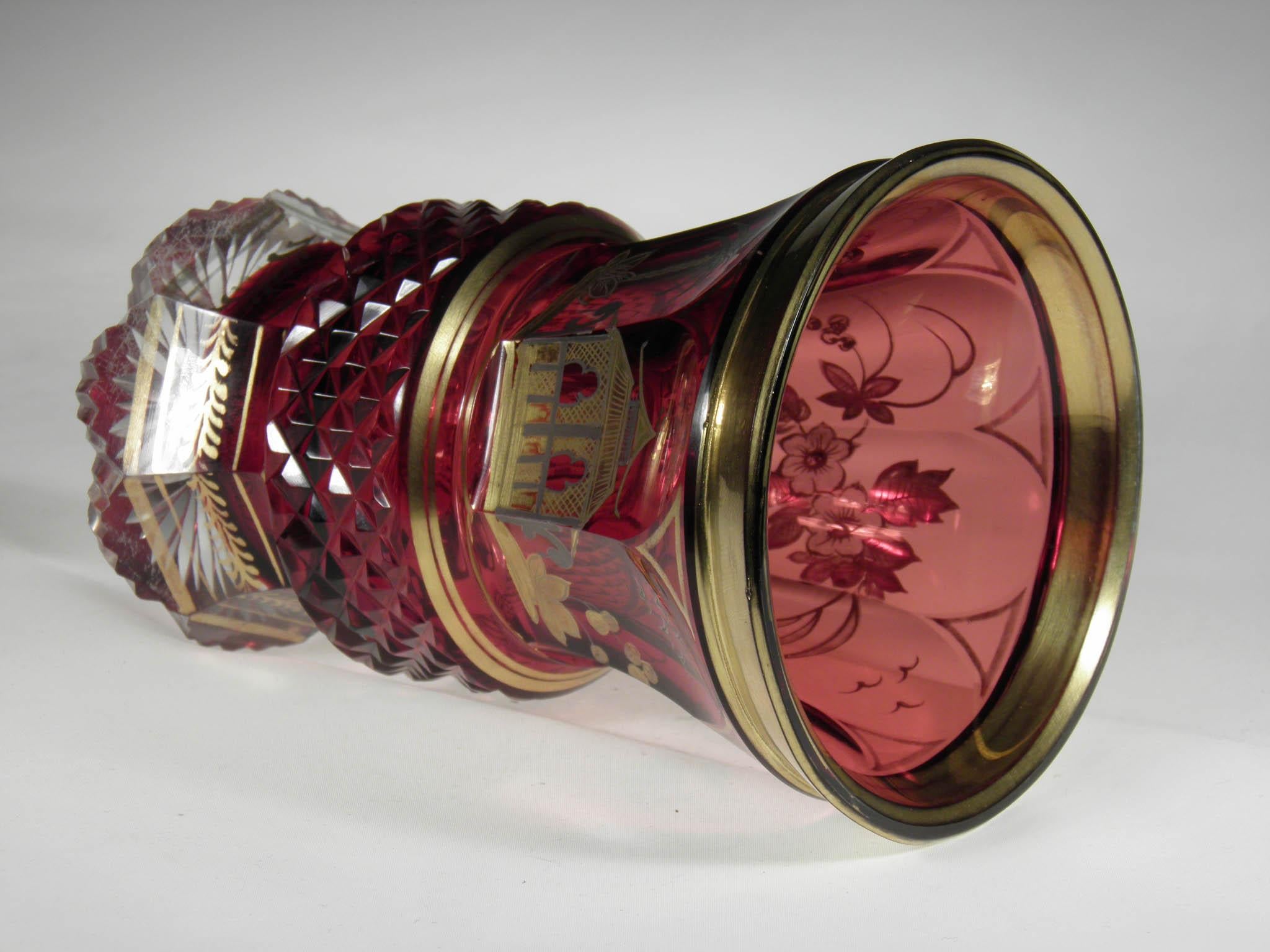 Bohemian Ruby Glass Goblet Gold Paint Chinoiserie Motive 19th-20th Century  1