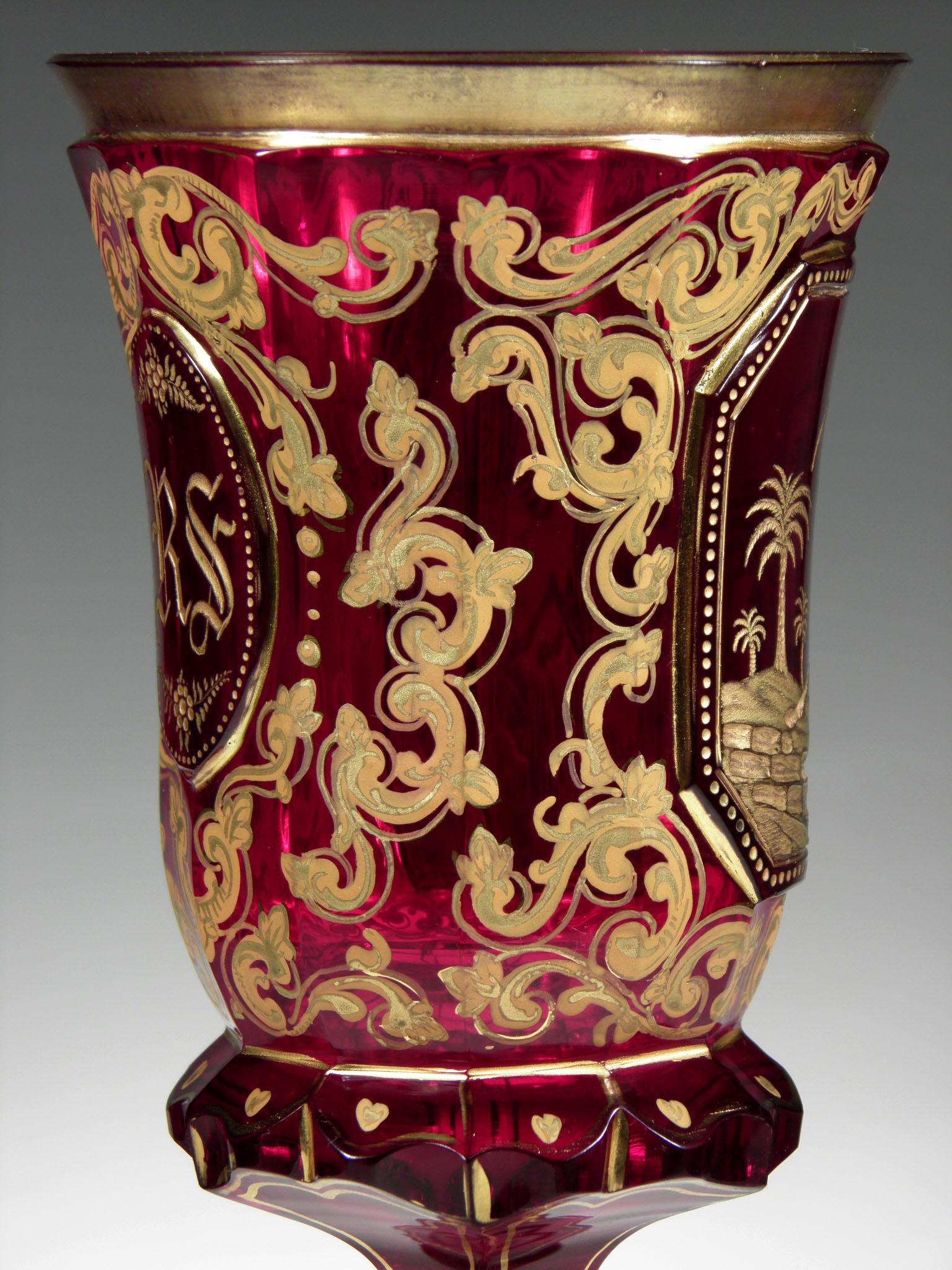 Antique Bohemian Ruby Glass Goblet Mameluck with Horse 19th-20th Century 4