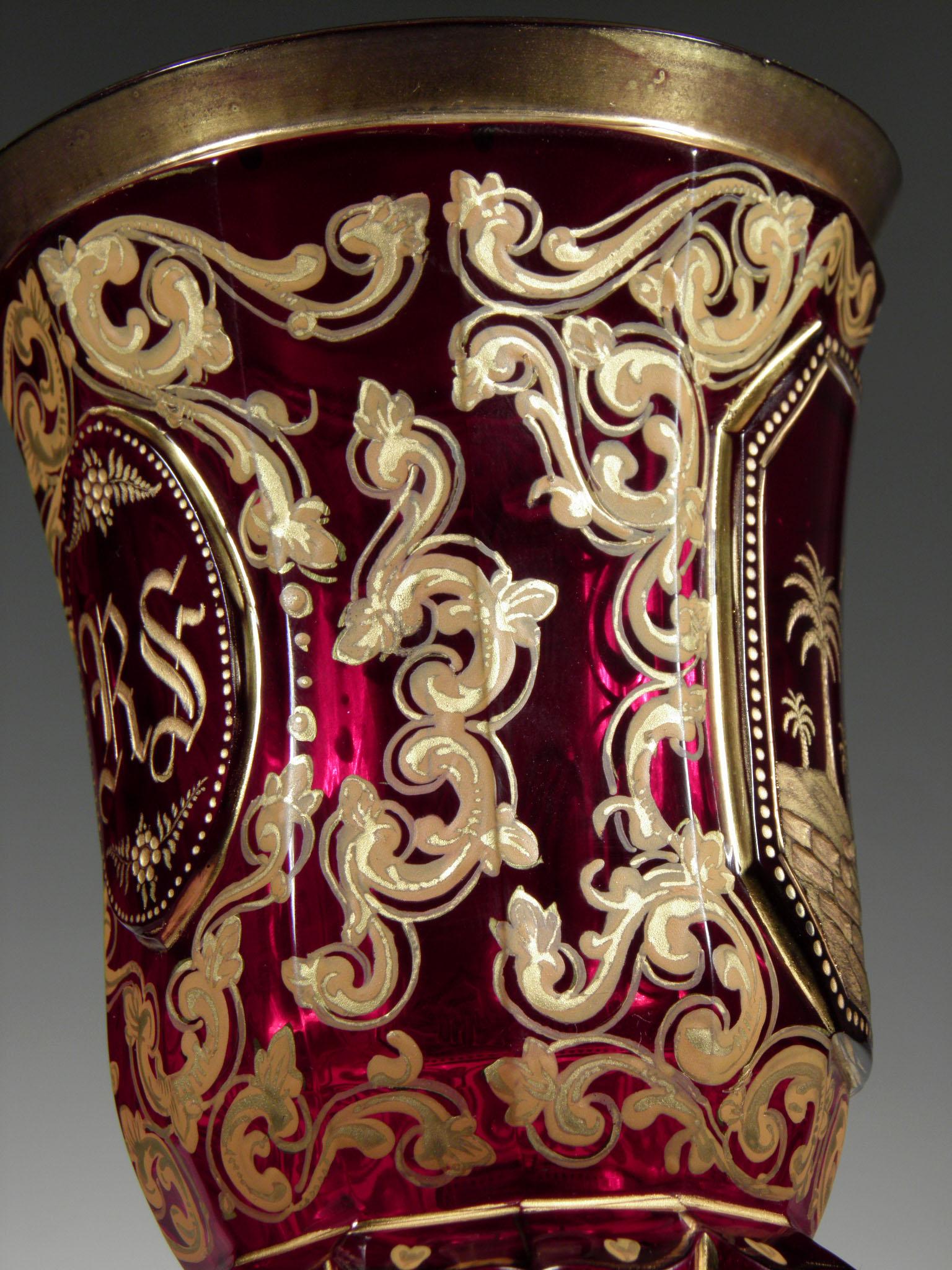 Antique Bohemian Ruby Glass Goblet Mameluck with Horse 19th-20th Century 5