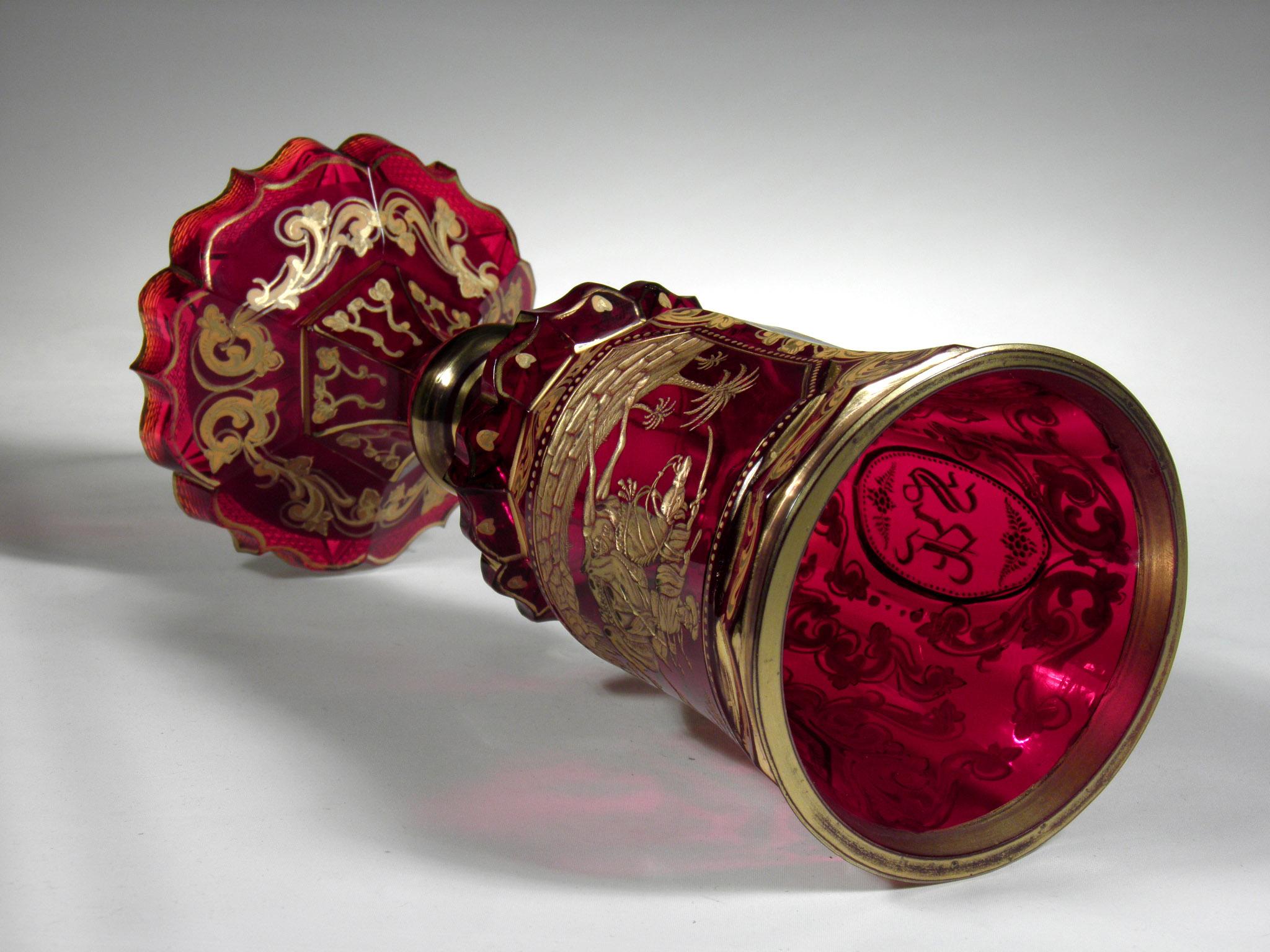 Antique Bohemian Ruby Glass Goblet Mameluck with Horse 19th-20th Century 7