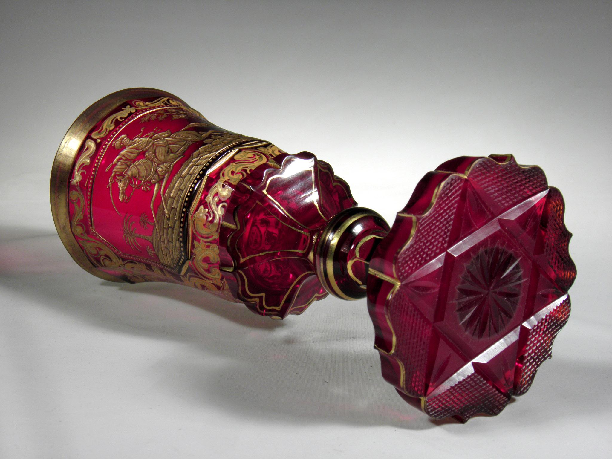 Antique Bohemian Ruby Glass Goblet Mameluck with Horse 19th-20th Century 8