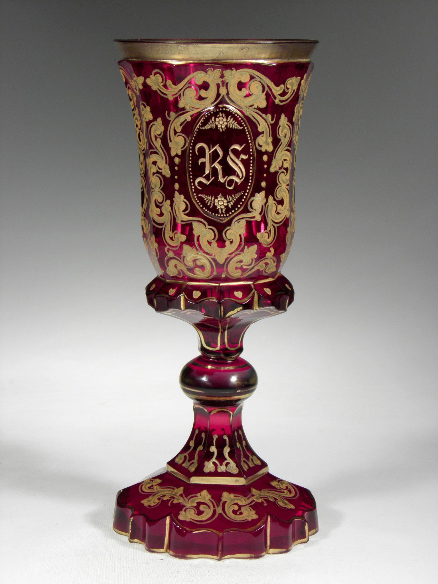 European Antique Bohemian Ruby Glass Goblet Mameluck with Horse 19th-20th Century