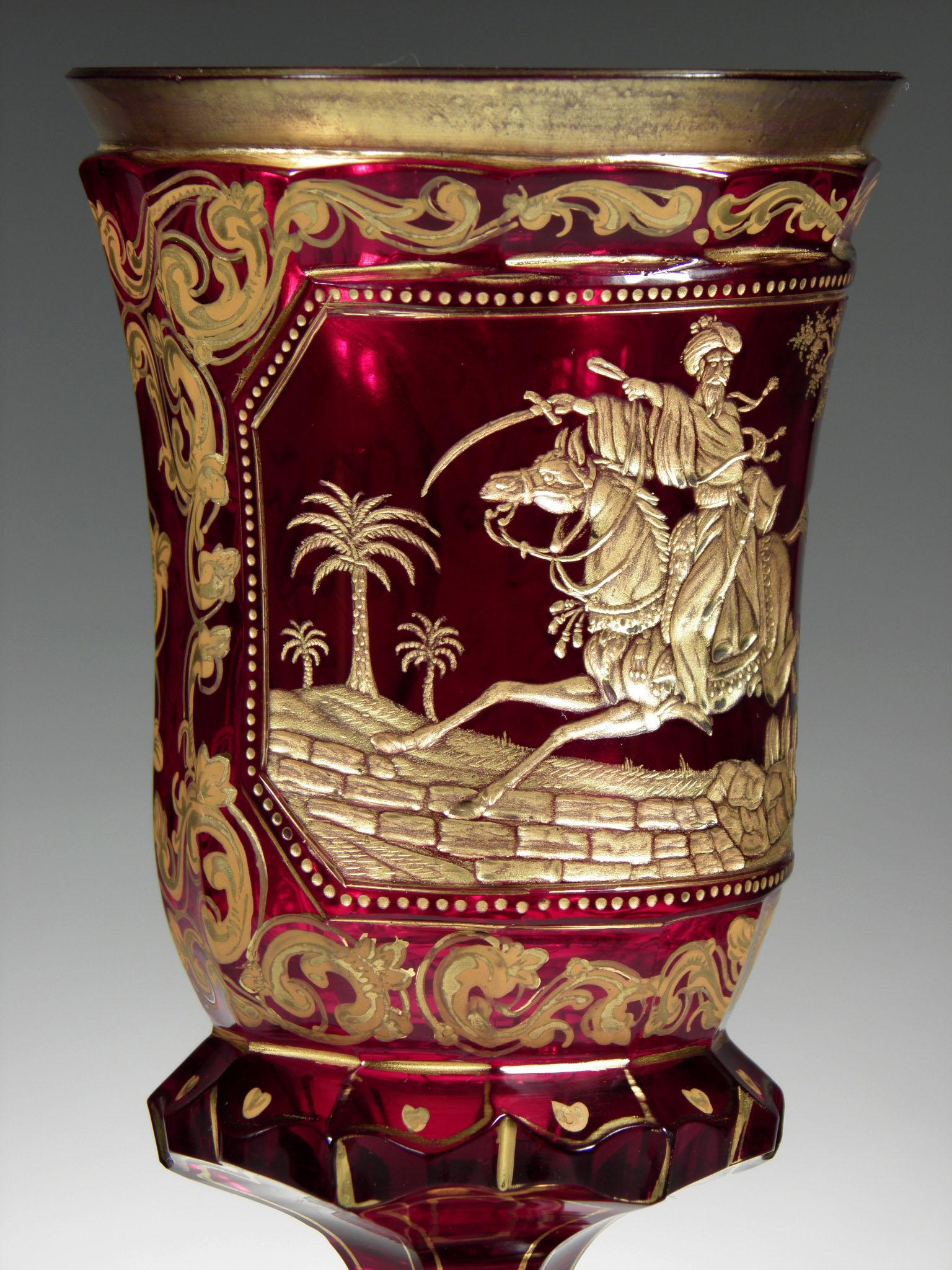 Antique Bohemian Ruby Glass Goblet Mameluck with Horse 19th-20th Century In Good Condition In Nový Bor, CZ
