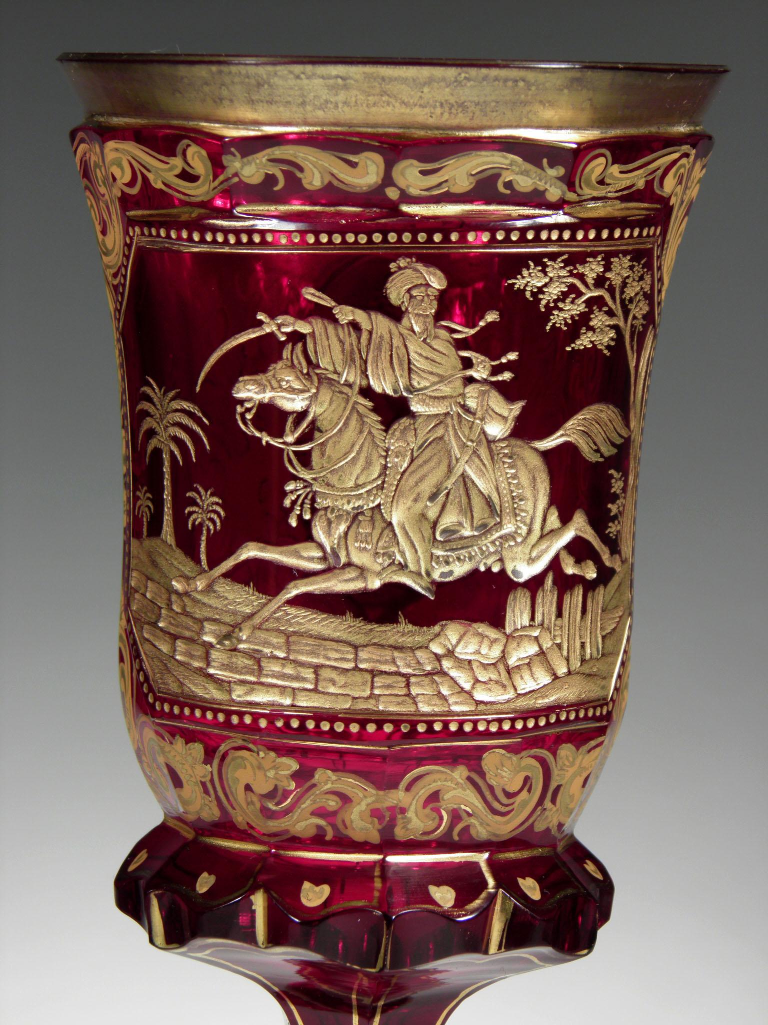 19th Century Antique Bohemian Ruby Glass Goblet Mameluck with Horse 19th-20th Century