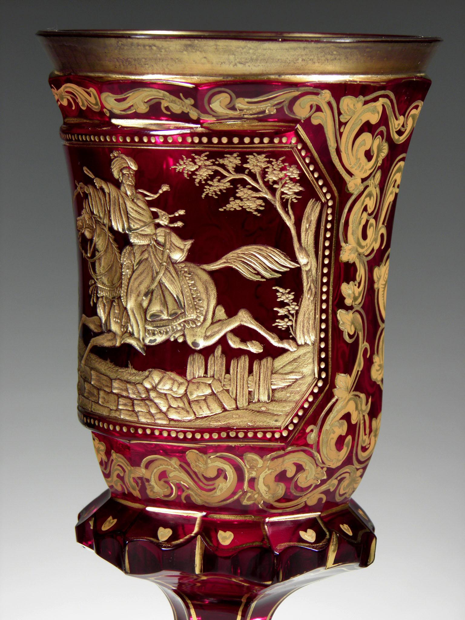Antique Bohemian Ruby Glass Goblet Mameluck with Horse 19th-20th Century 1