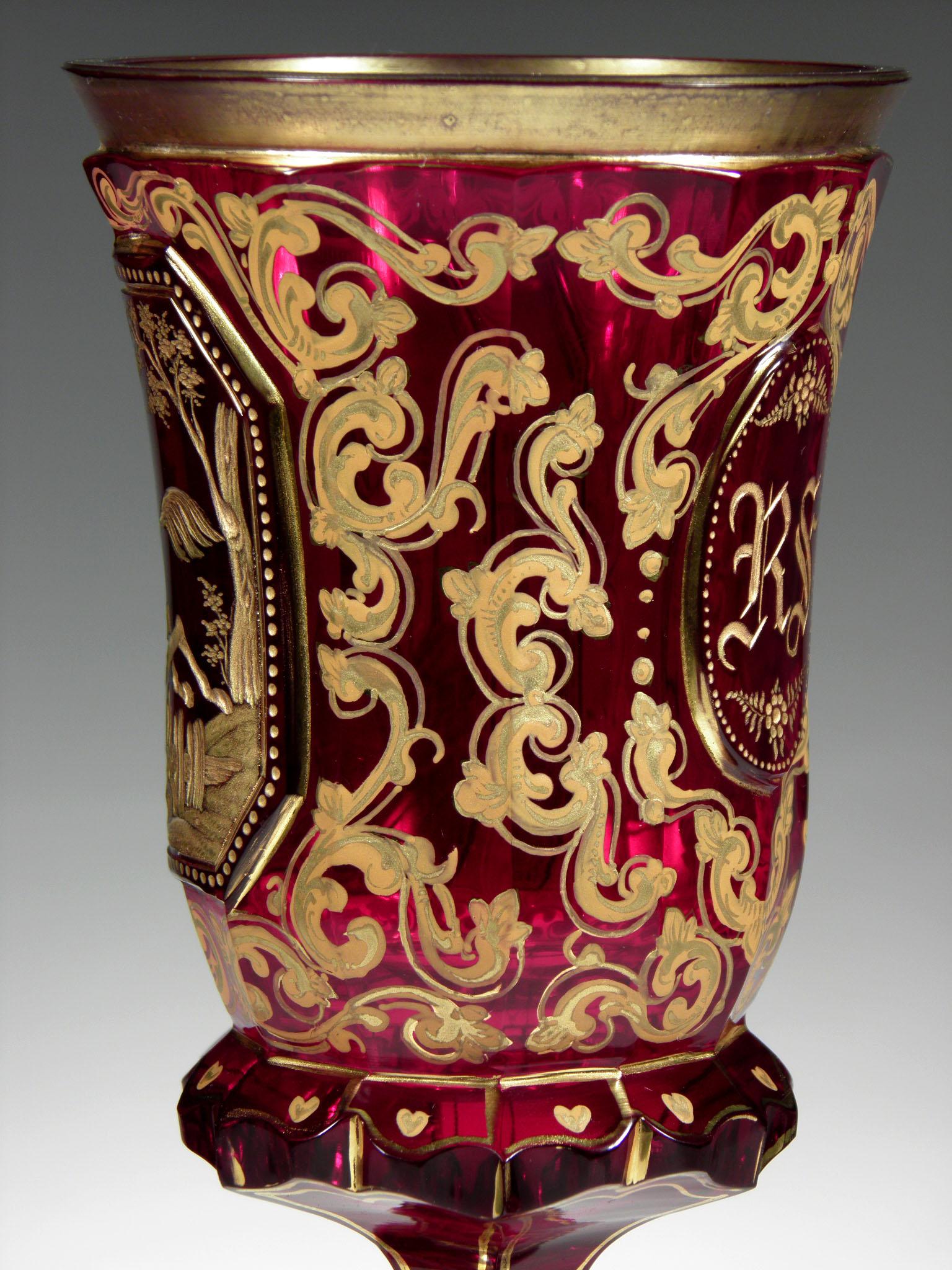 Antique Bohemian Ruby Glass Goblet Mameluck with Horse 19th-20th Century 2
