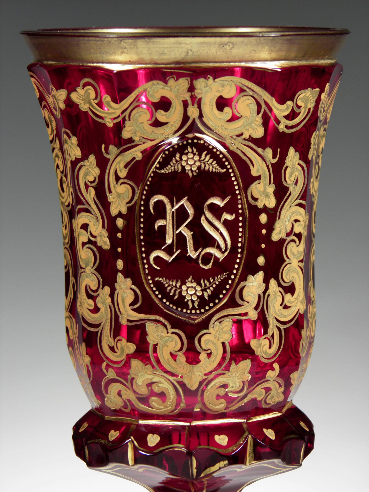 Antique Bohemian Ruby Glass Goblet Mameluck with Horse 19th-20th Century 3