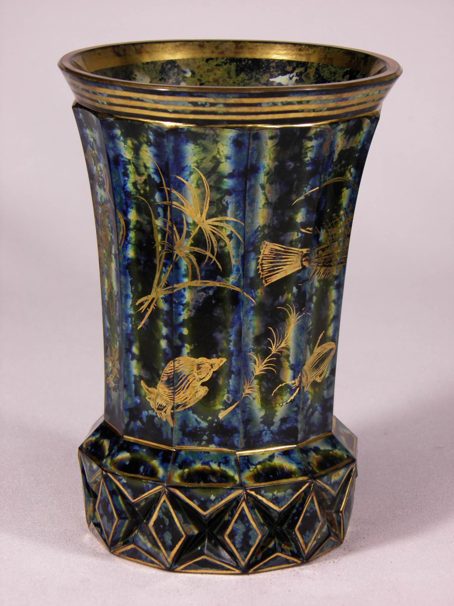 Beautiful cut goblet made of lithyalin glass with a painted with a motif of marine fauna, painted in gold, lityaline glass imitates semi-precious stones or marble, Bohemian glass 19th-20th century
A beautiful piece in the collection for lovers of