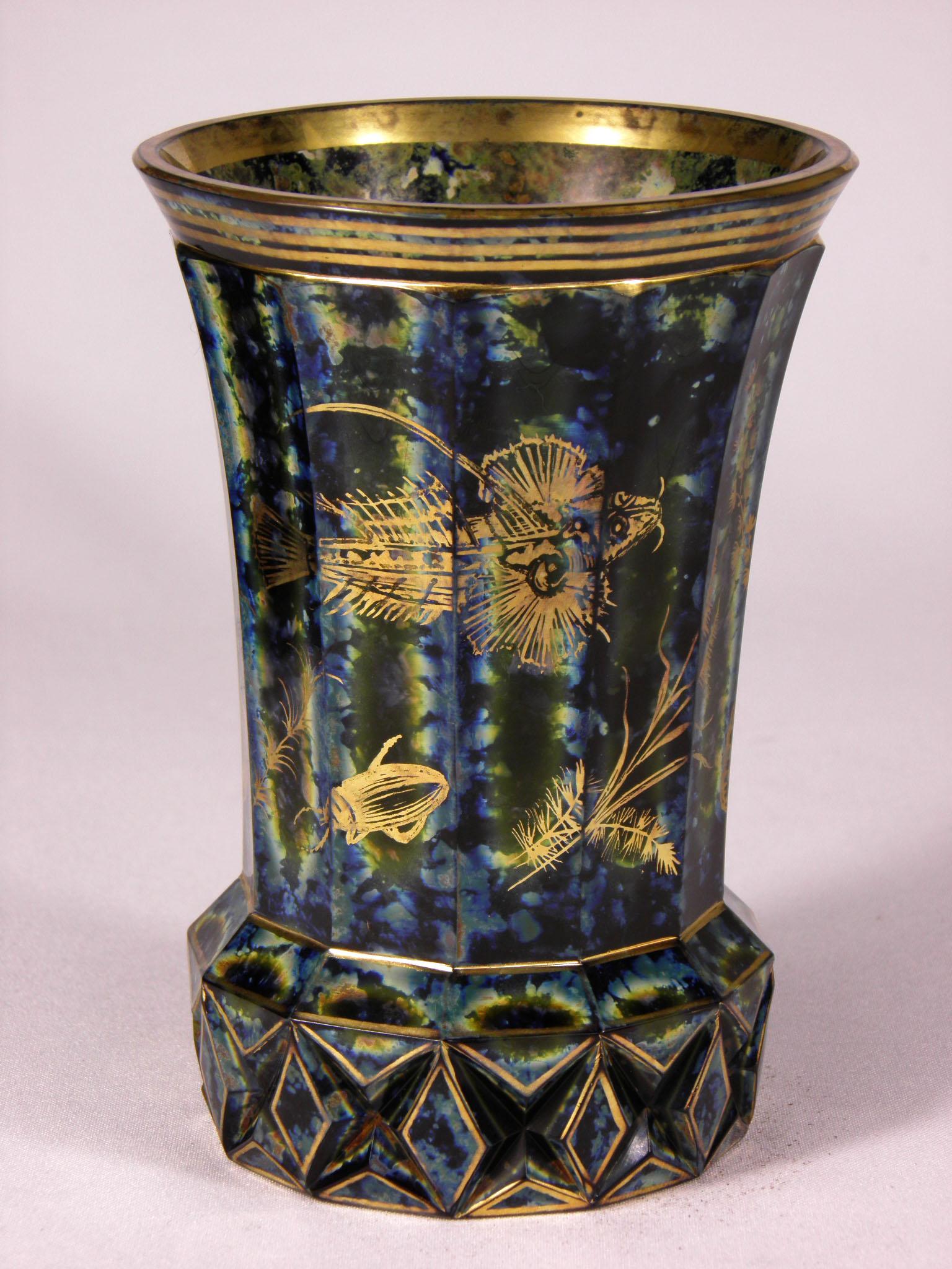 Czech 19th-20th Century Cut and Painted Lithyalin Glass Goblet-Bohemian Glass 'Video'