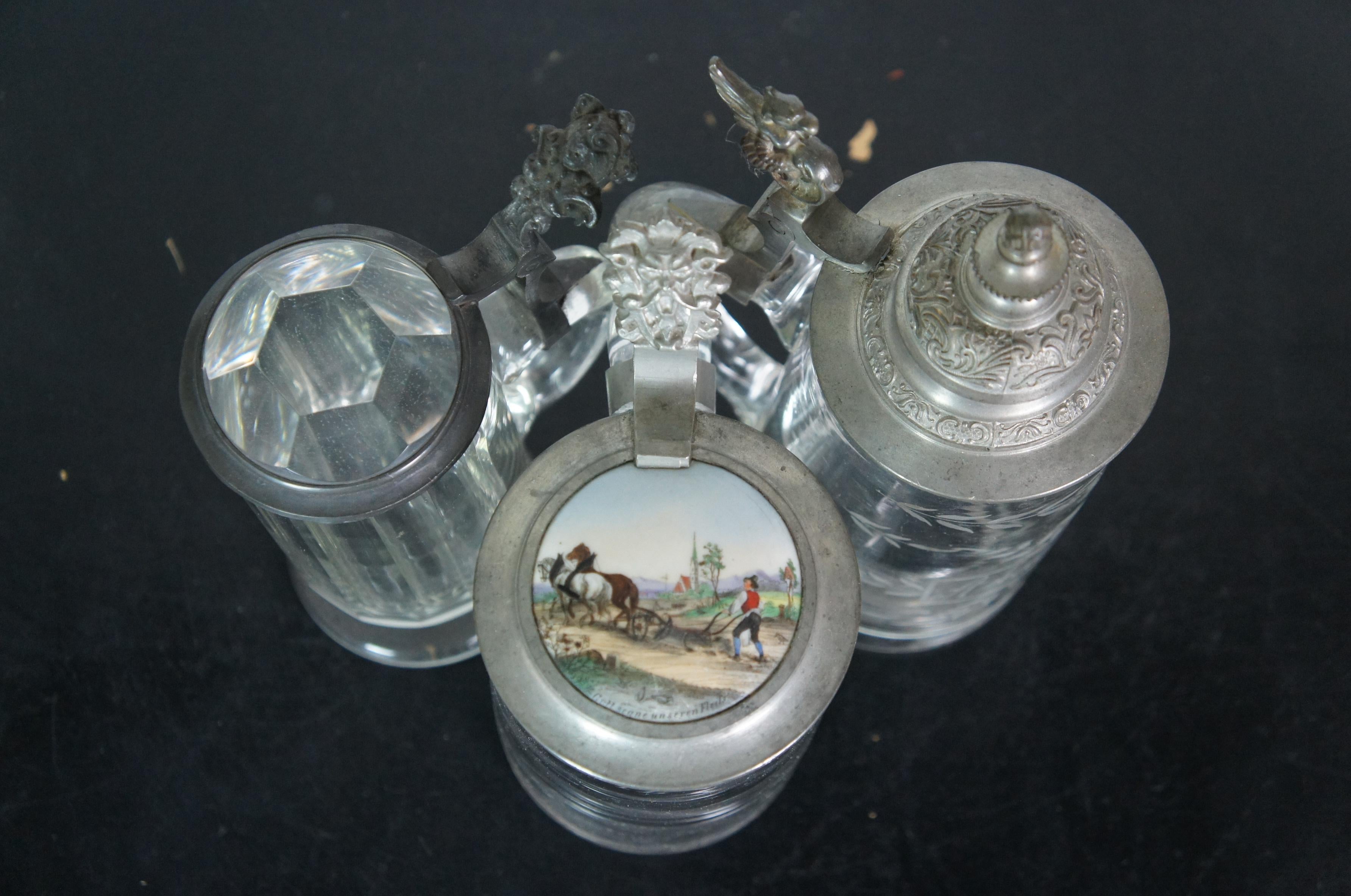 20th Century 19 Antique German Faceted Bohemian Lidded Glass Beer Steins Mugs Tankards Lot