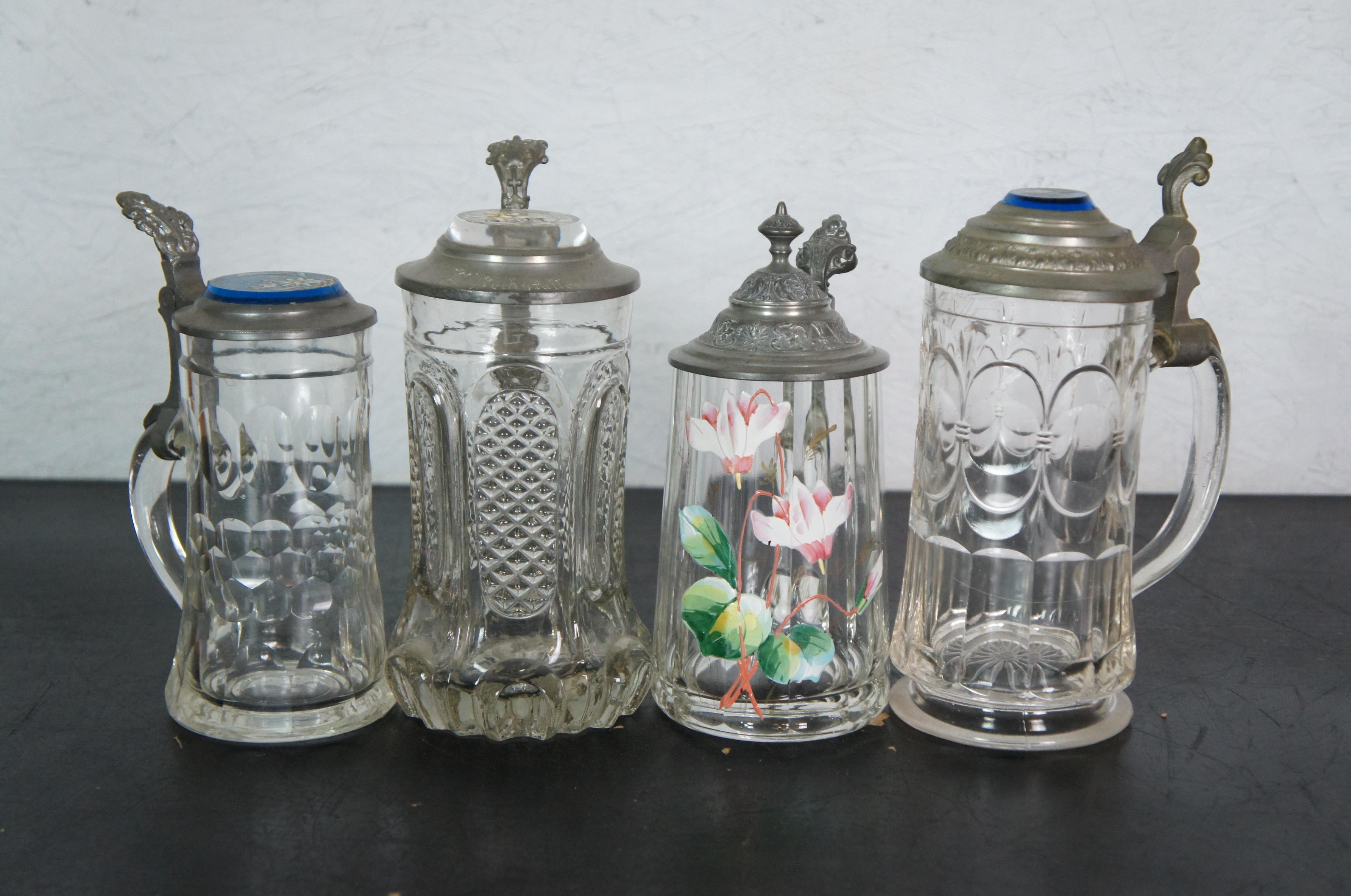 19 Antique German Faceted Bohemian Lidded Glass Beer Steins Mugs Tankards Lot 1
