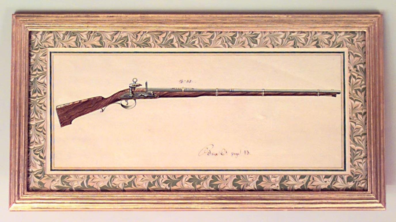 19 Austrian Continental Framed Watercolors of Firearms In Good Condition For Sale In New York, NY