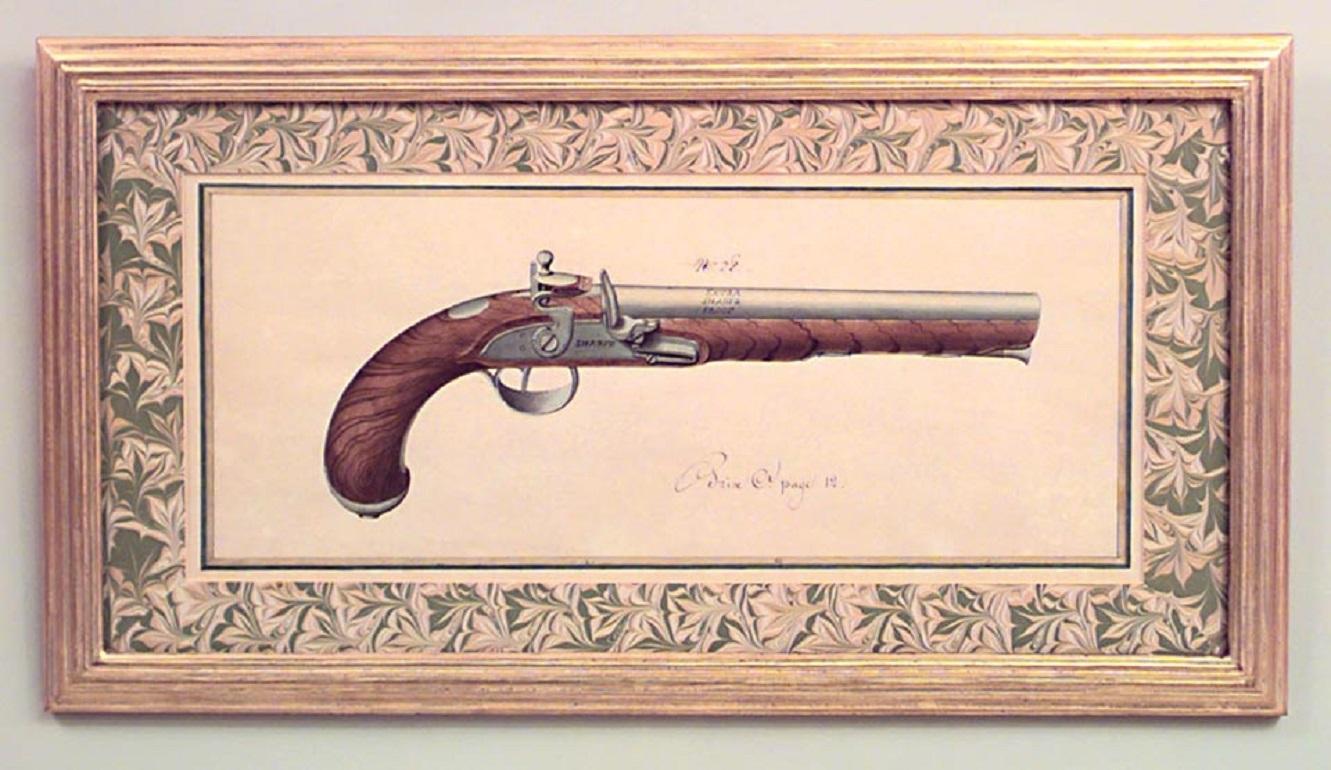 19th Century 19 Austrian Continental Framed Watercolors of Firearms For Sale