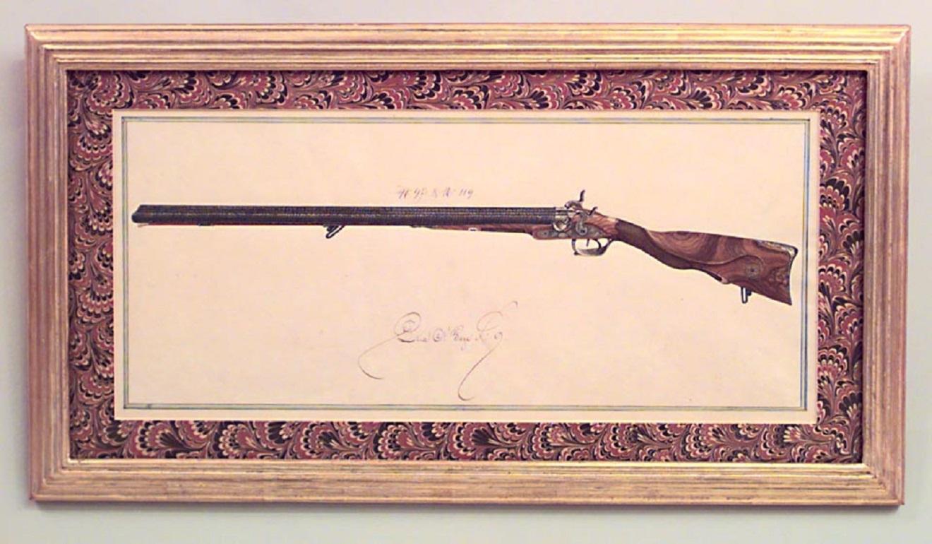 Paper 19 Austrian Continental Framed Watercolors of Firearms For Sale