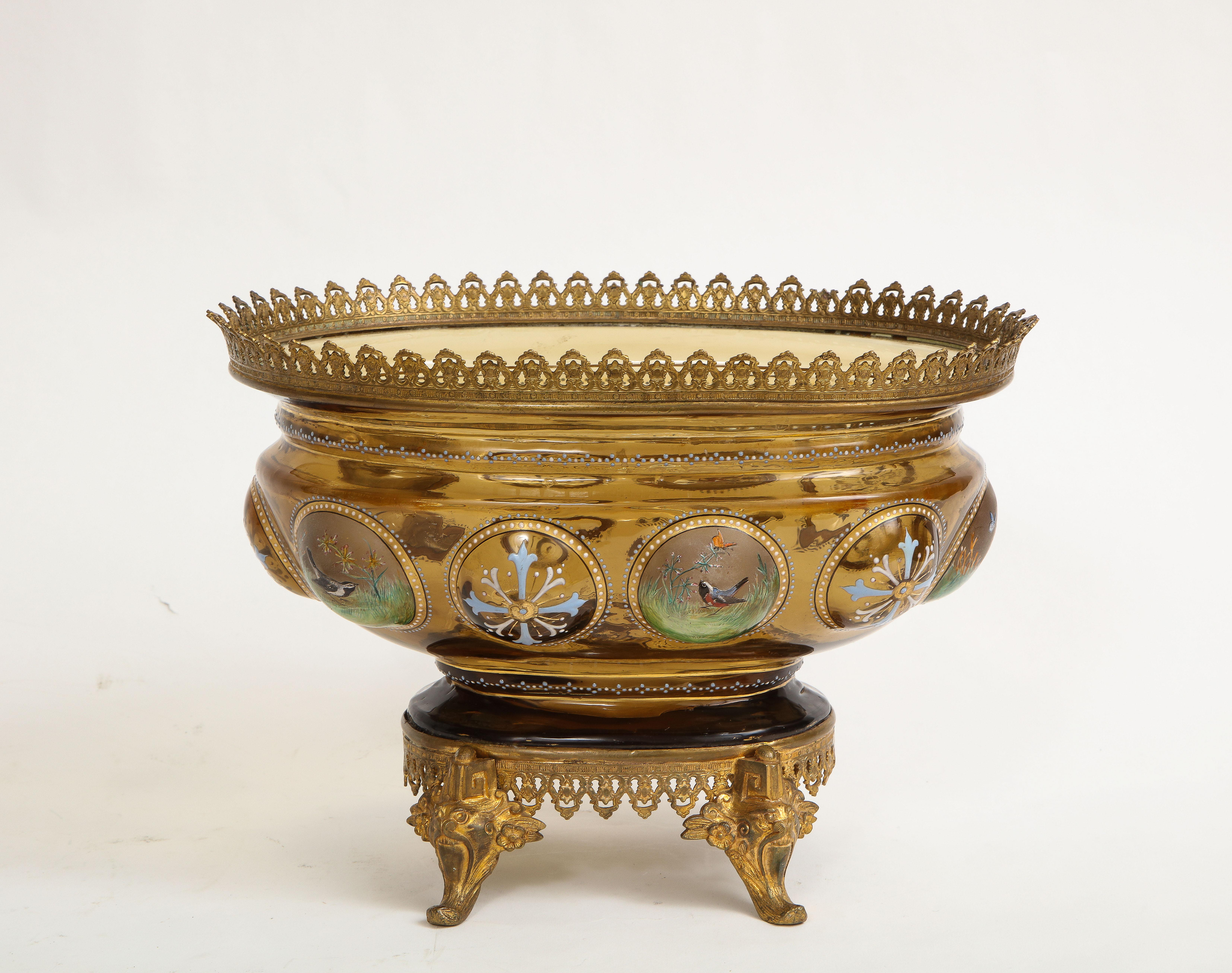 Louis XVI 19 C. Dore Bronze Mounted Moser Light-Amber Colored Crystal & Enamel Centerpiece For Sale