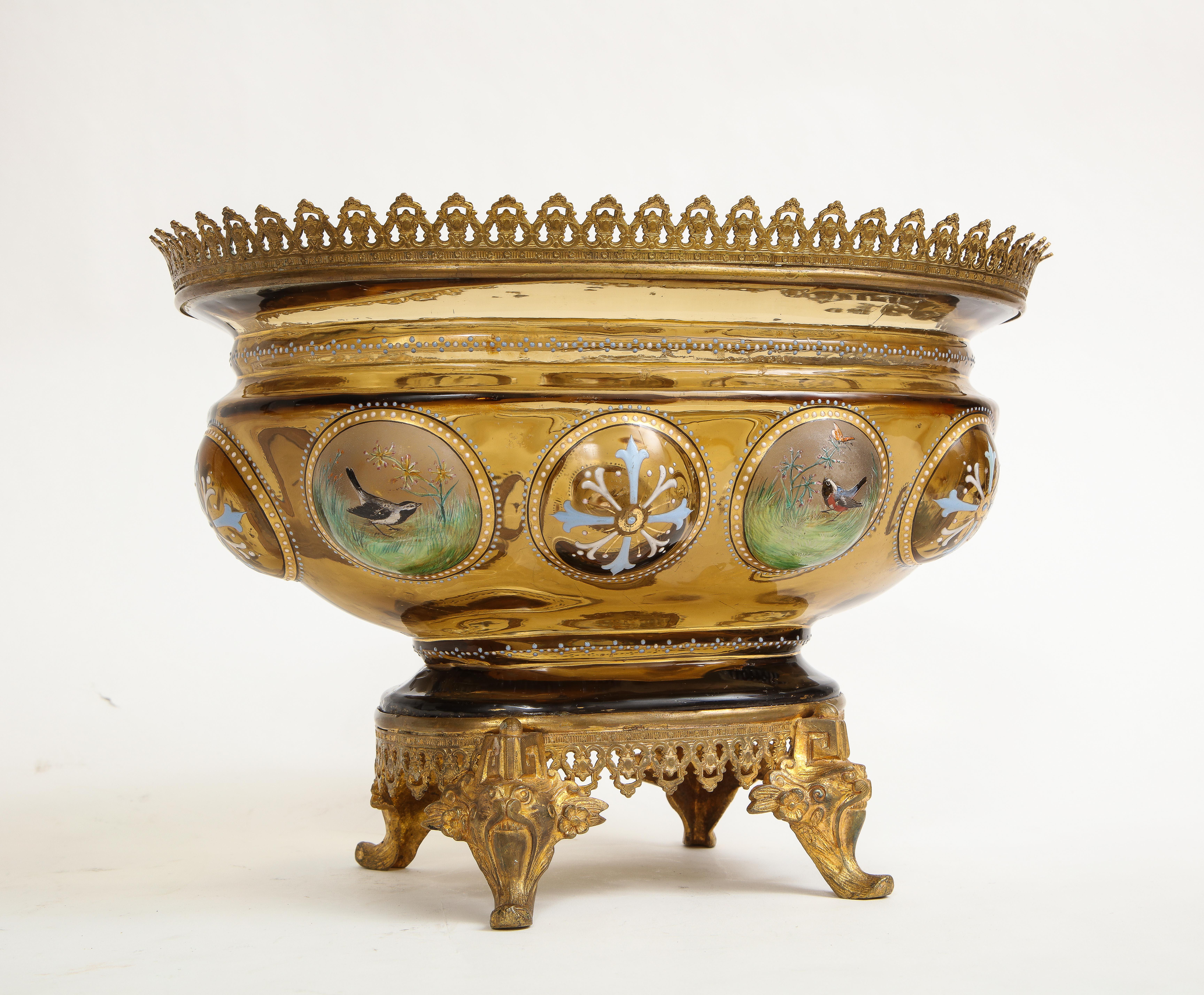 Czech 19 C. Dore Bronze Mounted Moser Light-Amber Colored Crystal & Enamel Centerpiece For Sale