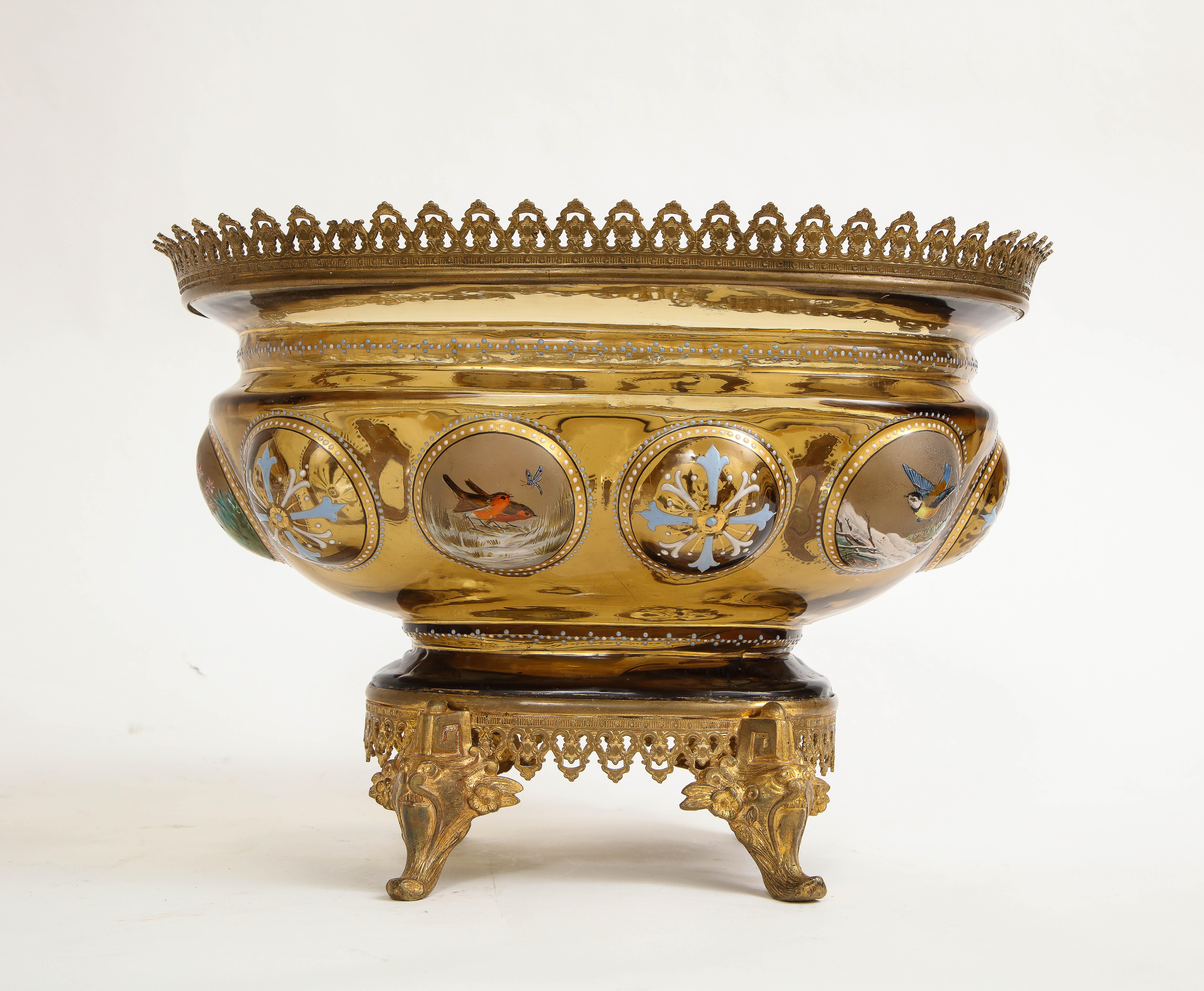 19 C. Dore Bronze Mounted Moser Light-Amber Colored Crystal & Enamel Centerpiece In Good Condition For Sale In New York, NY