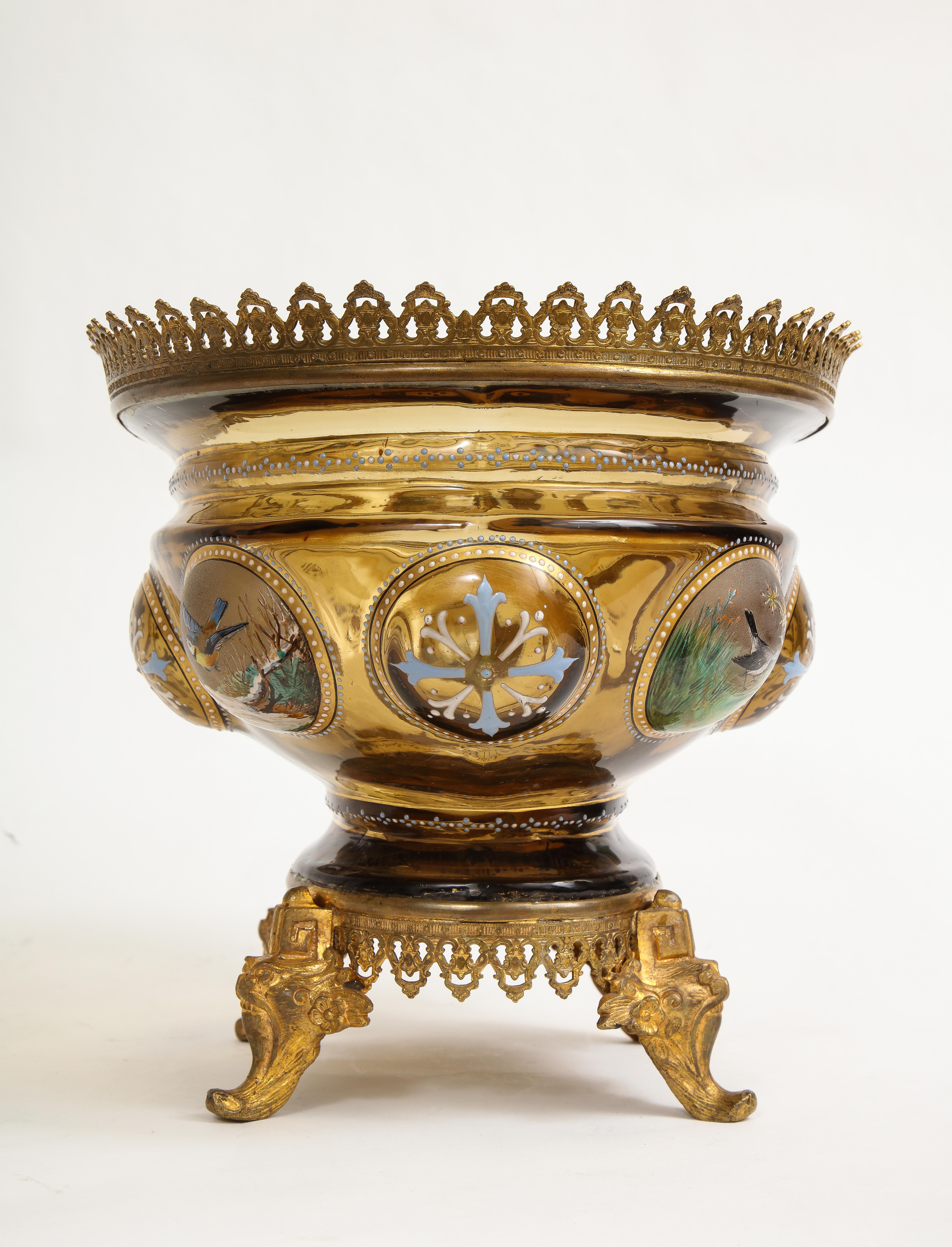 Late 19th Century 19 C. Dore Bronze Mounted Moser Light-Amber Colored Crystal & Enamel Centerpiece For Sale