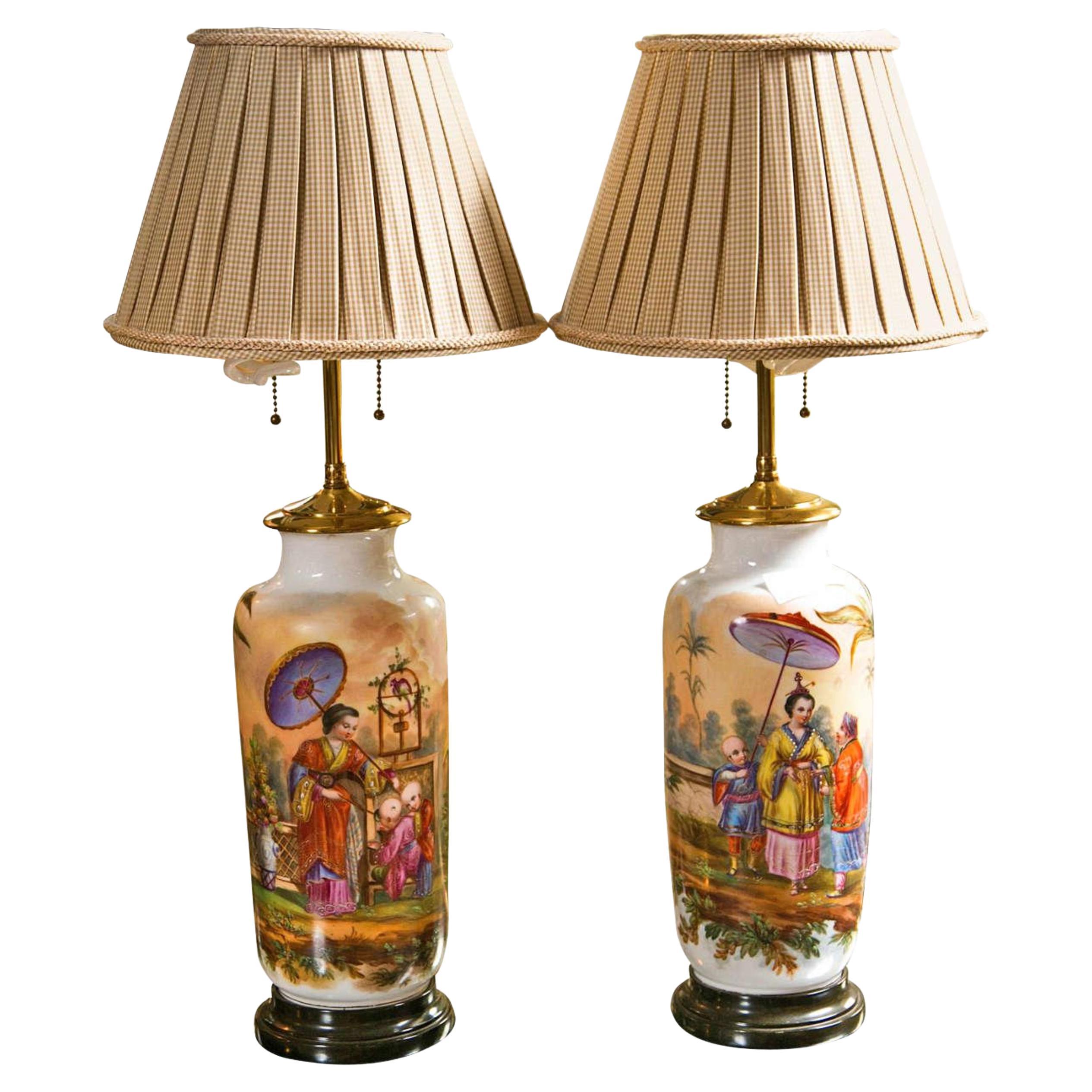 19 C. French Chinoiserie Porcelain Lamps, Pair For Sale