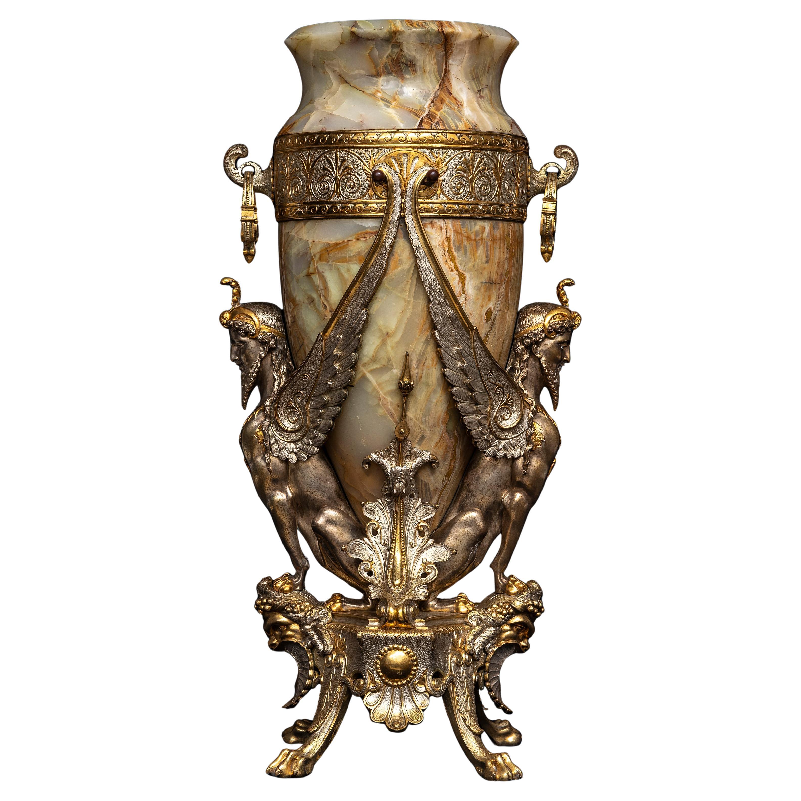 19 C French Onyx, Silvered, and Gilt-Bronze Vase Attributed to Charpentier & Cie