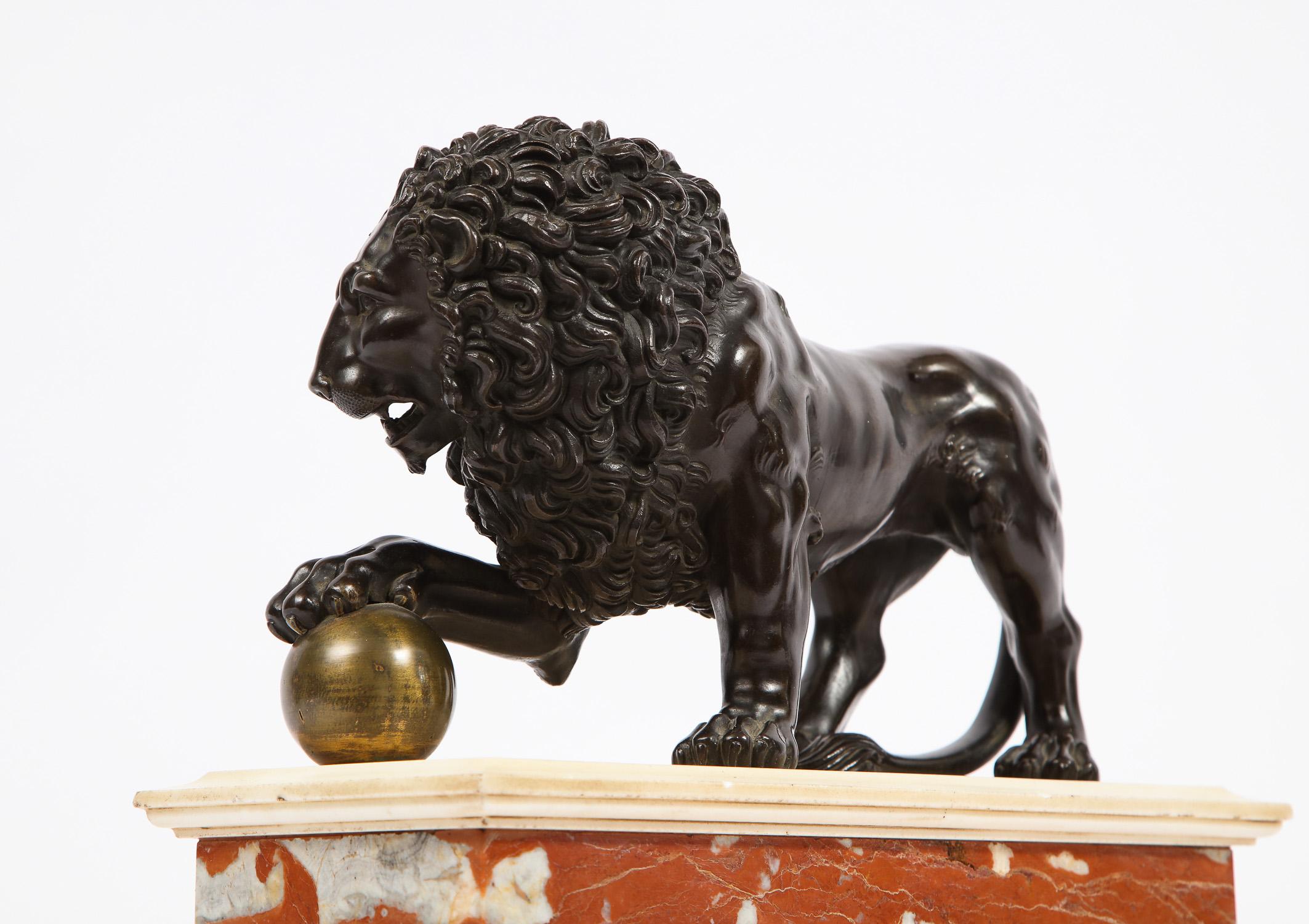 Neoclassical Grand Tour Patinated/Gilt Bronze and Marble Model of Medici Lion 3