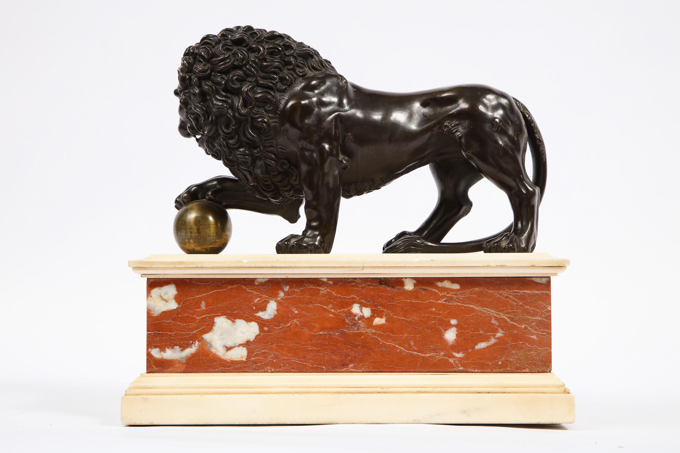 Neoclassical Grand Tour Patinated/Gilt Bronze and Marble Model of Medici Lion 4