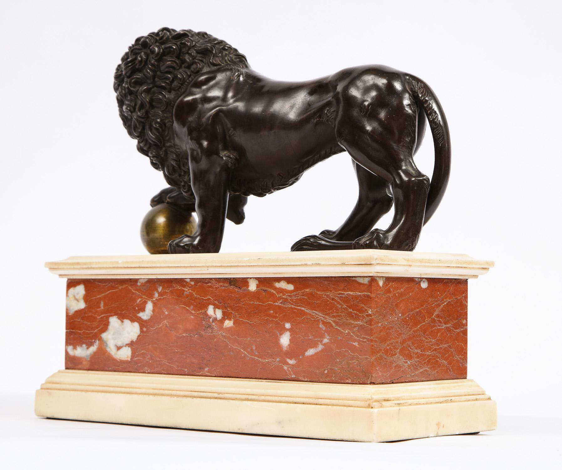 Neoclassical Grand Tour Patinated/Gilt Bronze and Marble Model of Medici Lion 5
