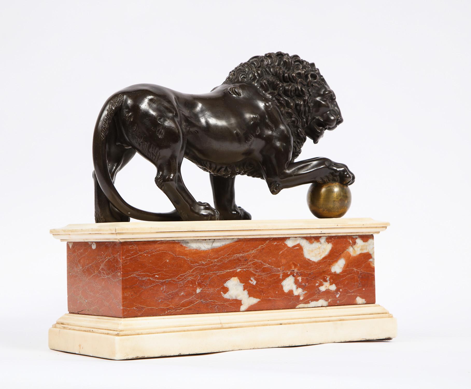 Neoclassical Grand Tour Patinated/Gilt Bronze and Marble Model of Medici Lion 6