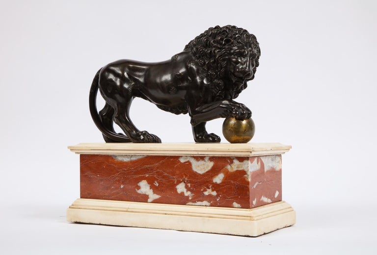 Hand-Carved Neoclassical Grand Tour Patinated/Gilt Bronze and Marble Model of Medici Lion