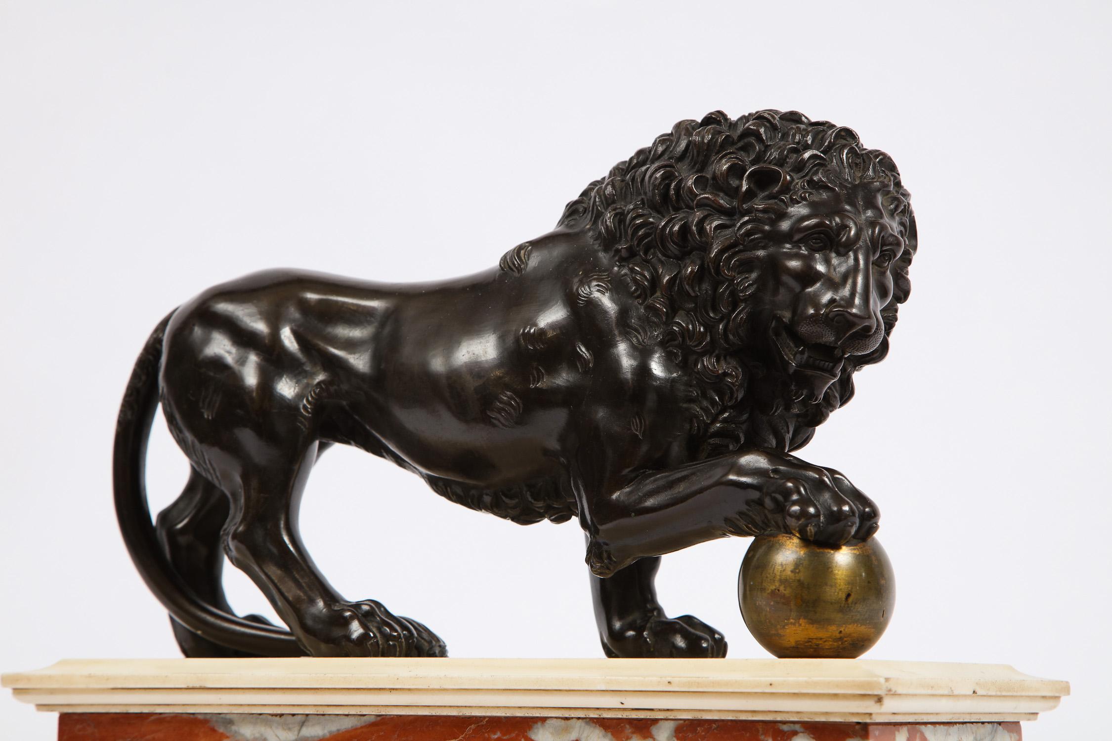 Hand-Carved Neoclassical Grand Tour Patinated/Gilt Bronze and Marble Model of Medici Lion