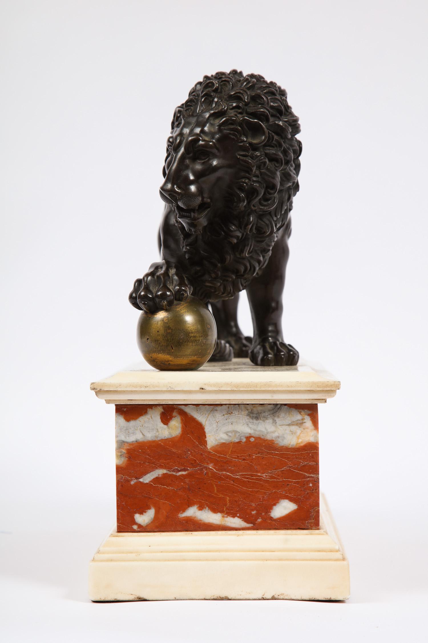 Mid-19th Century Neoclassical Grand Tour Patinated/Gilt Bronze and Marble Model of Medici Lion