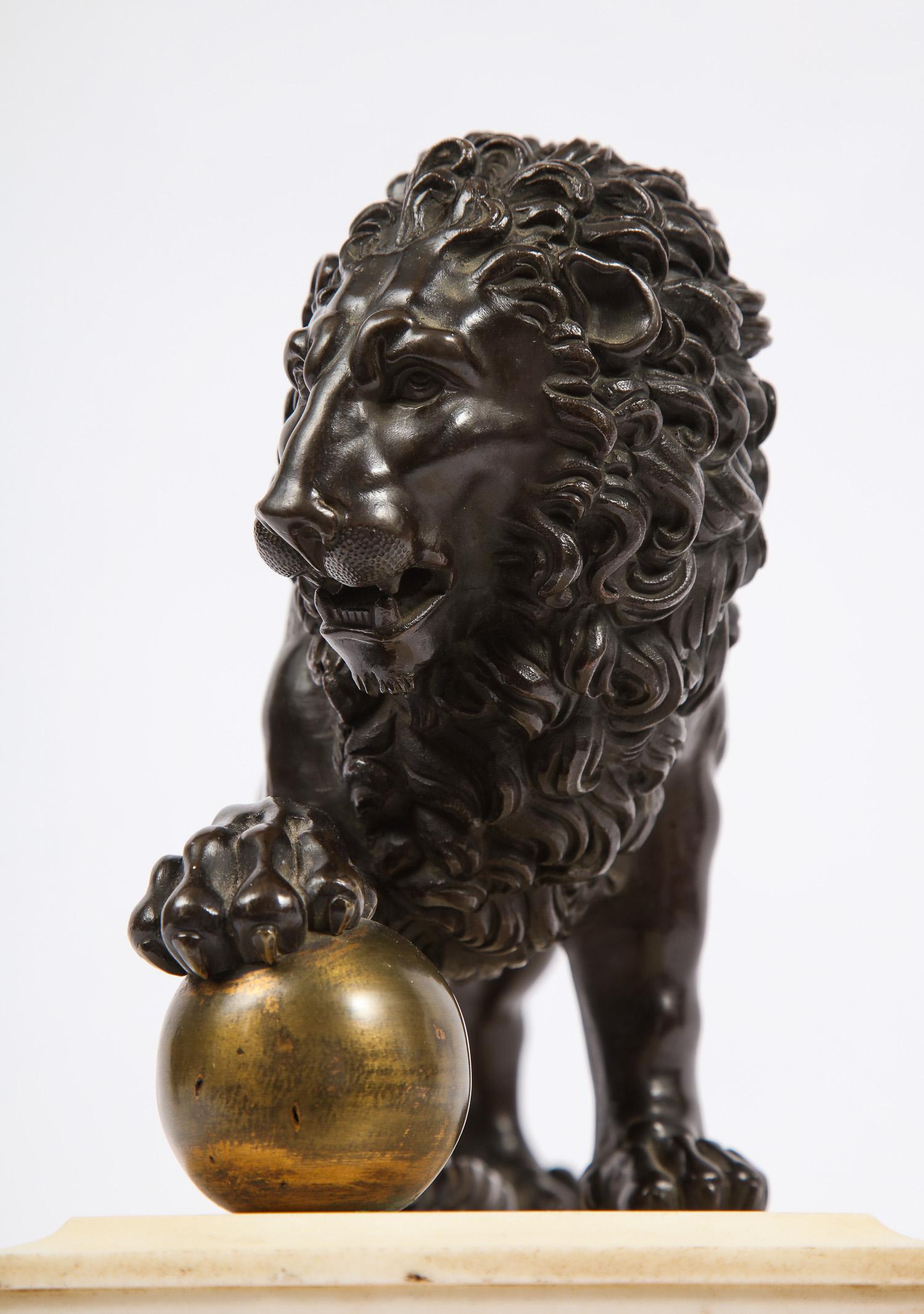 Neoclassical Grand Tour Patinated/Gilt Bronze and Marble Model of Medici Lion 1