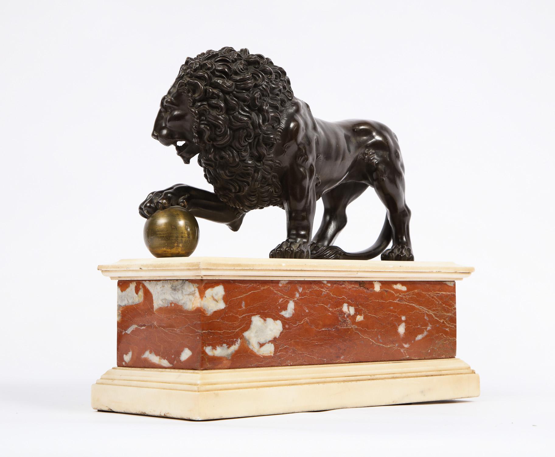 Neoclassical Grand Tour Patinated/Gilt Bronze and Marble Model of Medici Lion 2