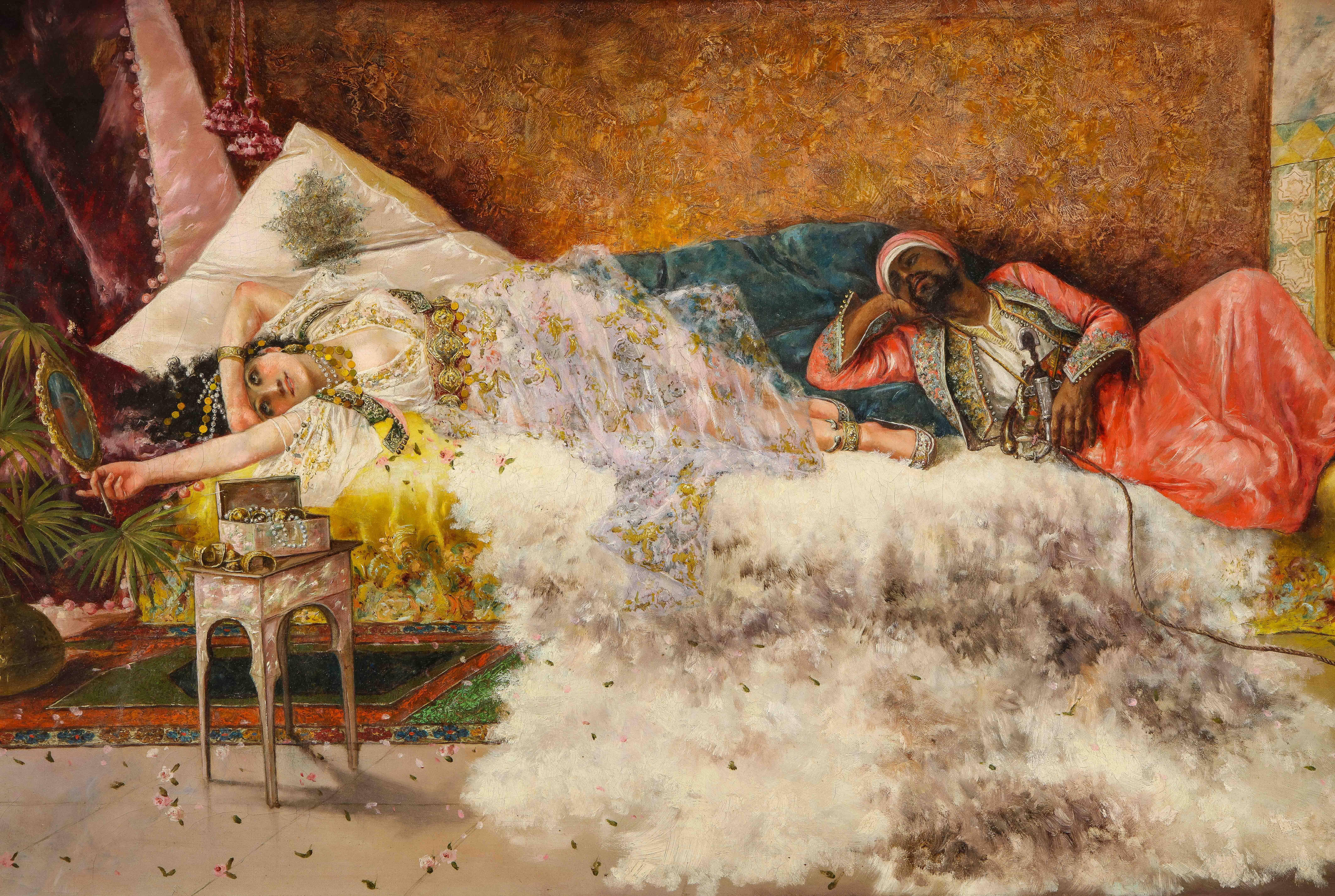 Orientalisches Ölgemälde auf Leinwand, „Prince and Princess in the Harem“, Antonio Rivas, 19. Jahrhundert (Spanisch) im Angebot