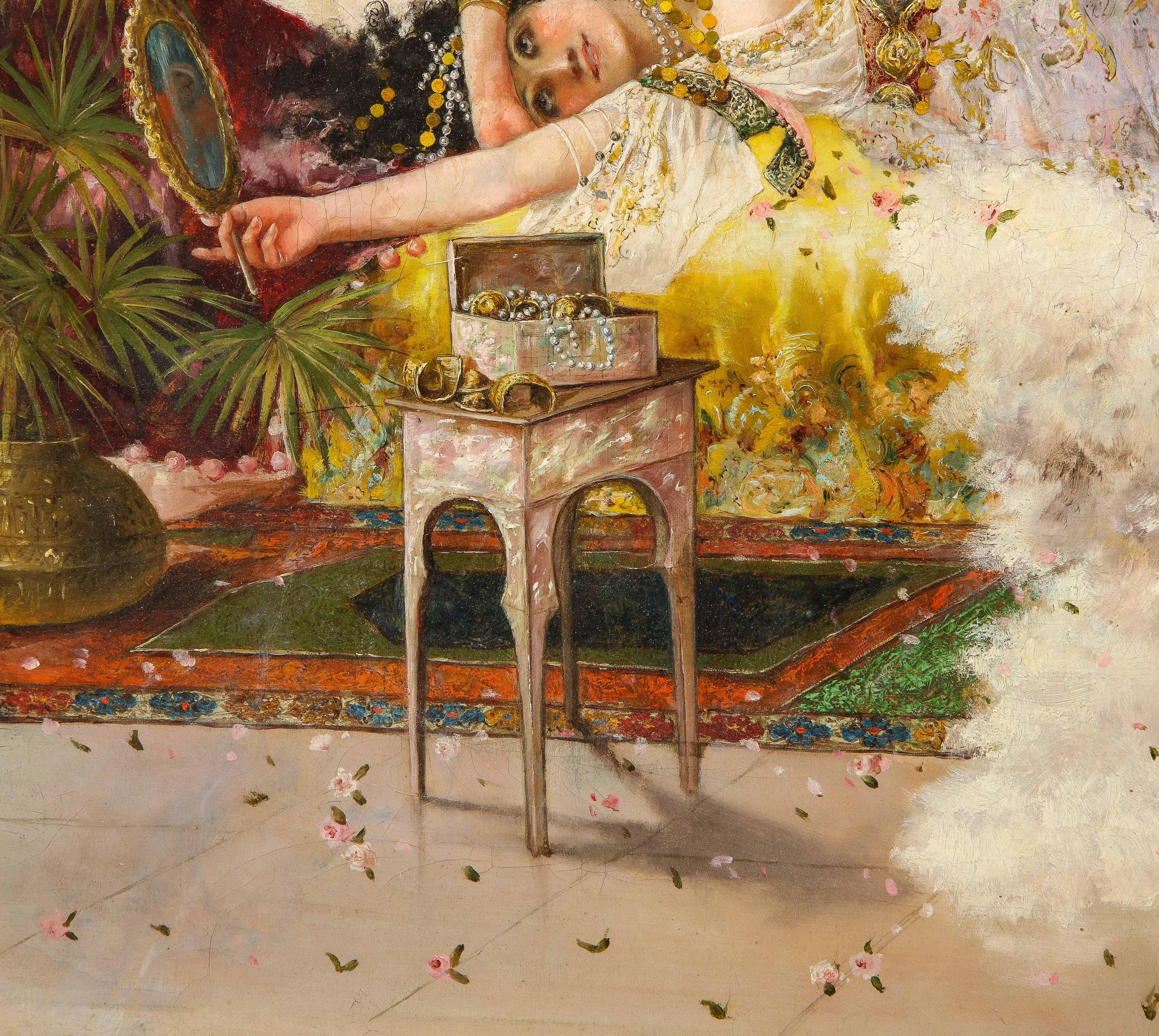 Orientalisches Ölgemälde auf Leinwand, „Prince and Princess in the Harem“, Antonio Rivas, 19. Jahrhundert (Vergoldet) im Angebot